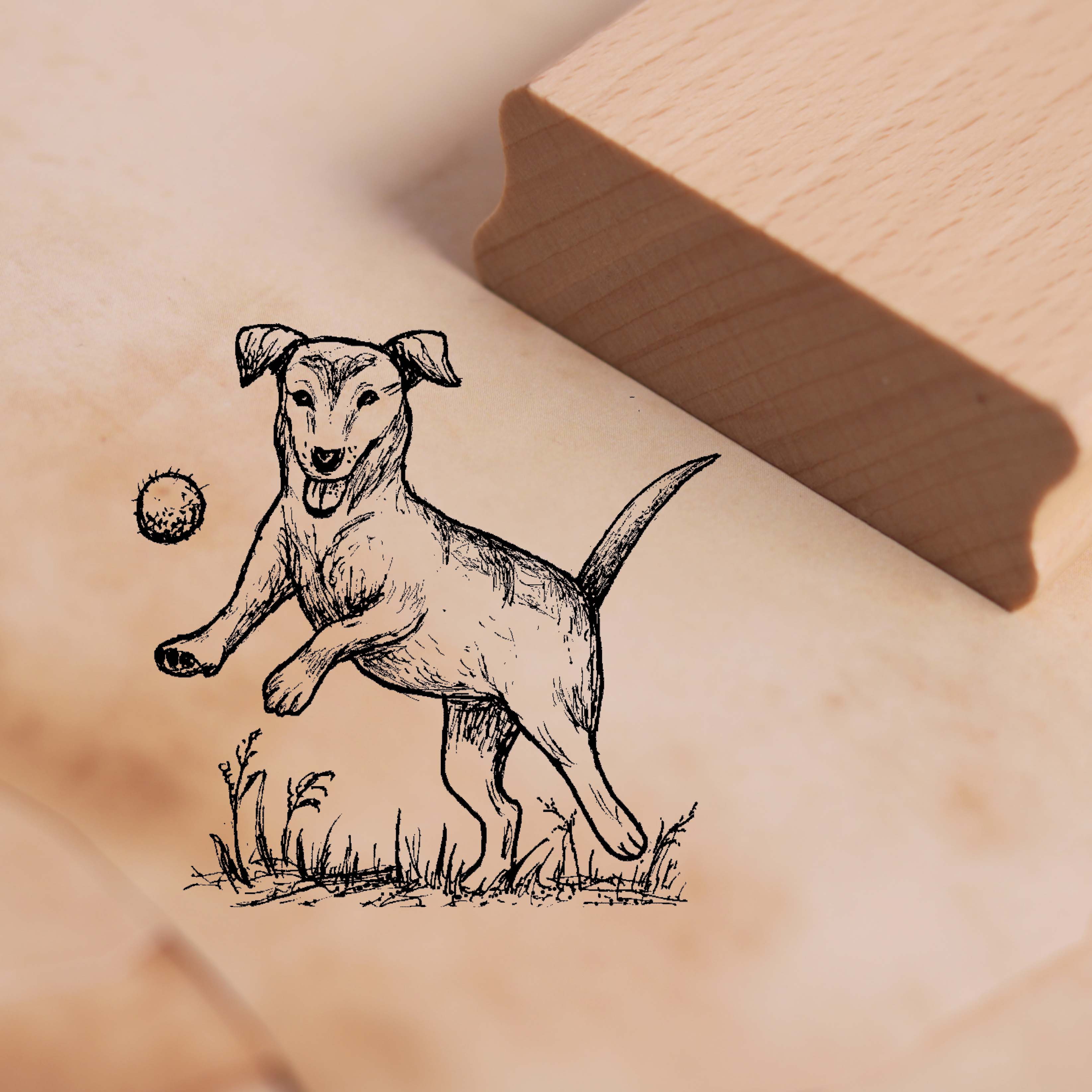 Motivstempel Hund spielt mit Ball - Stempel Holzstempel 48 x 47 mm
