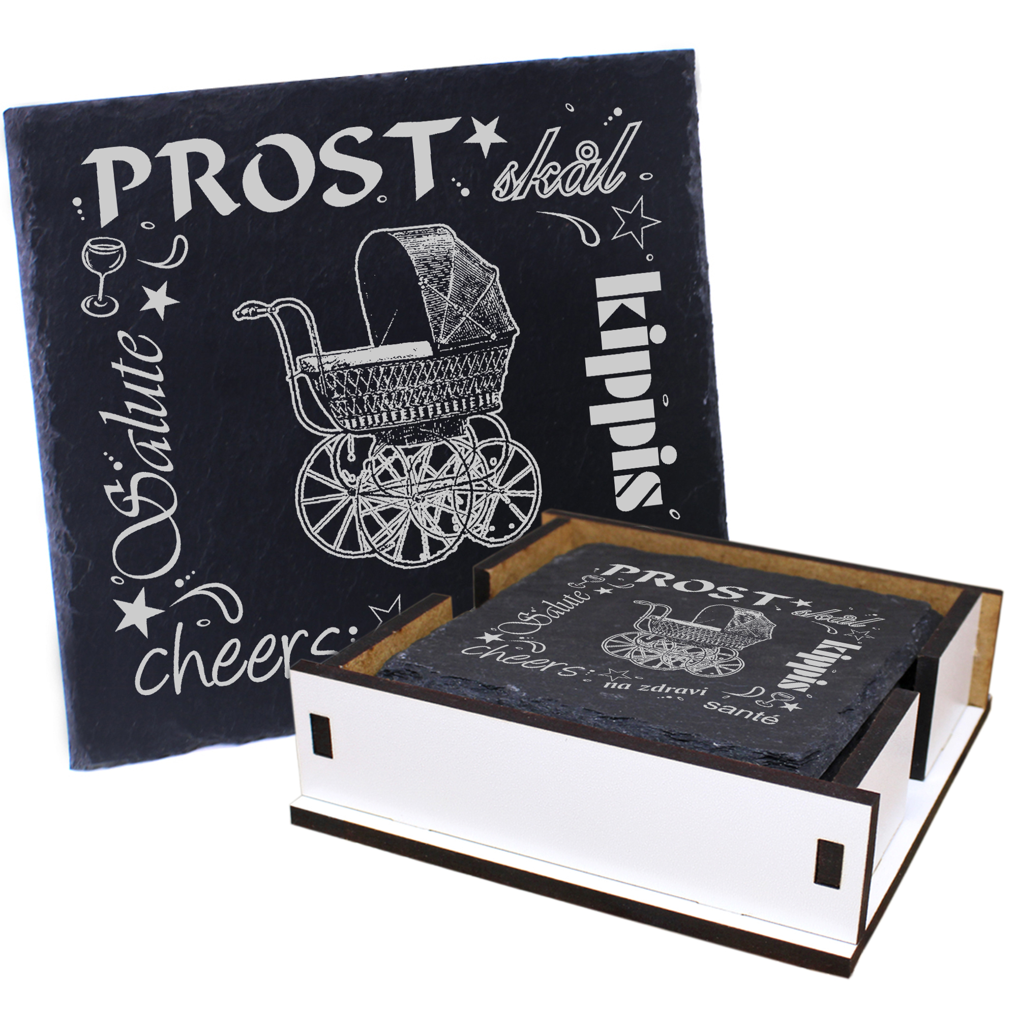 5 x Schiefer Untersetzer - Prost alter Kinderwagen - inkl. Holzbox & Flaschenuntersetzer