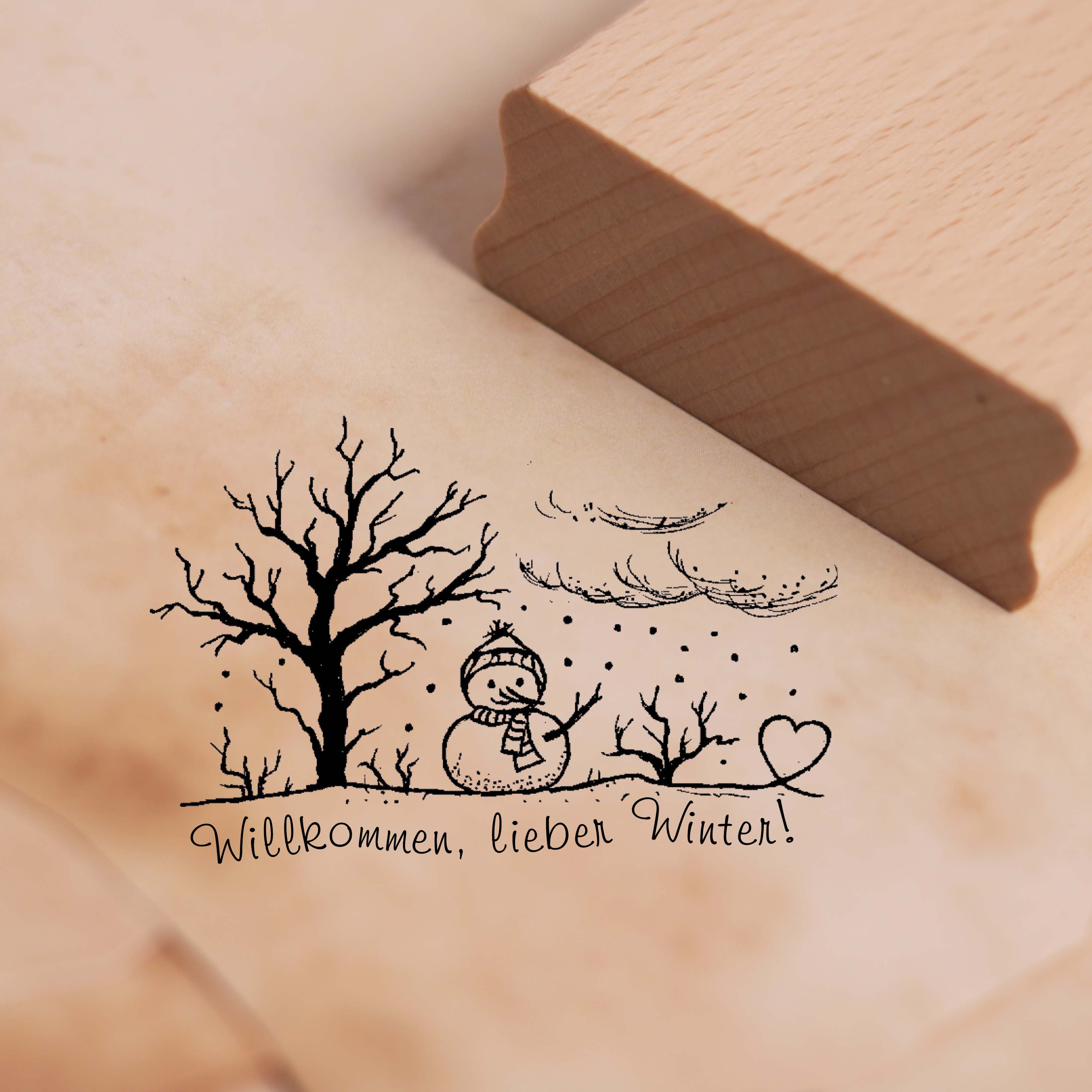 Motivstempel Willkommen lieber Winter - Stempel Schneemann Holzstempel 58 x 38 mm