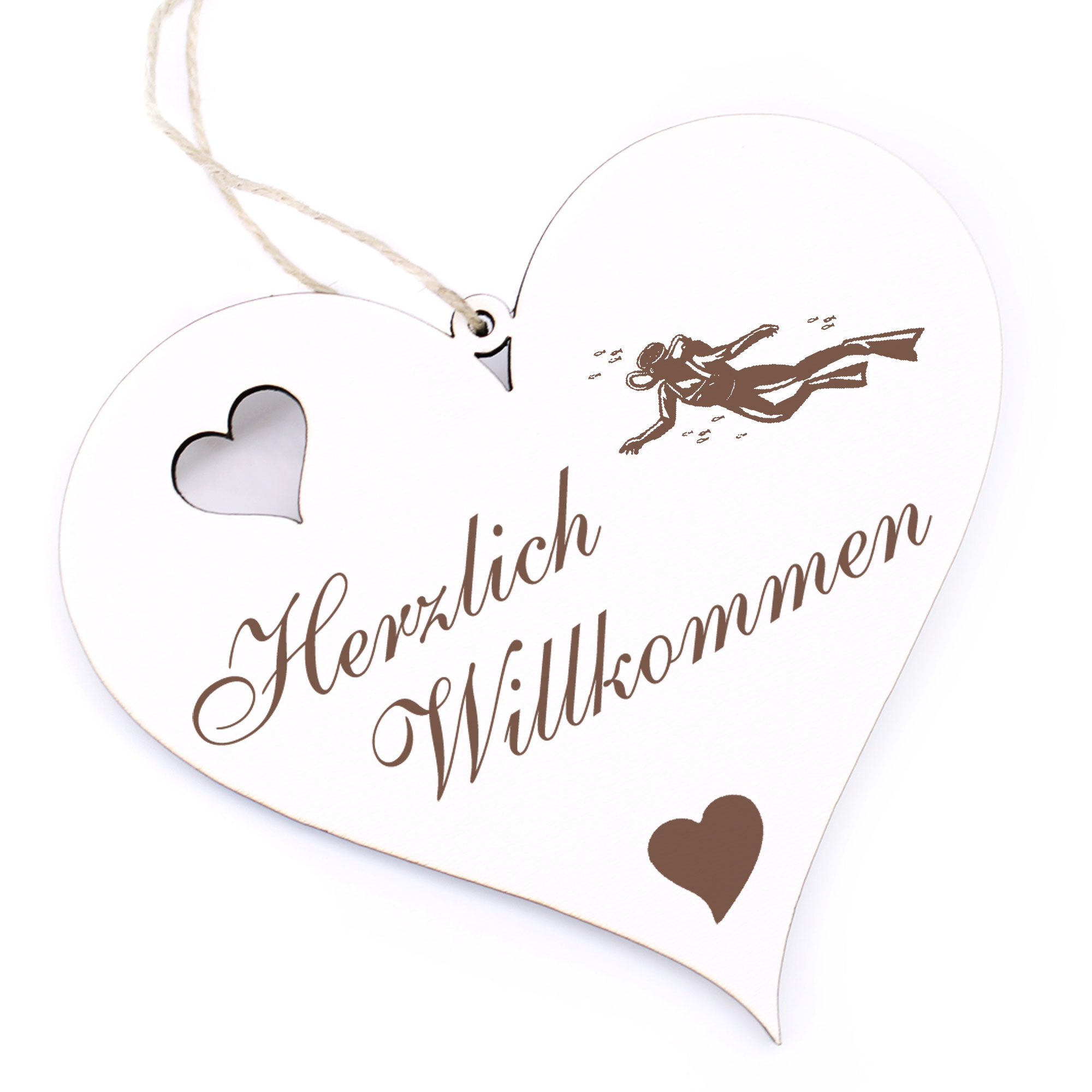 Herzlich Willkommen Schild - Taucherin - Deko Herz Holz