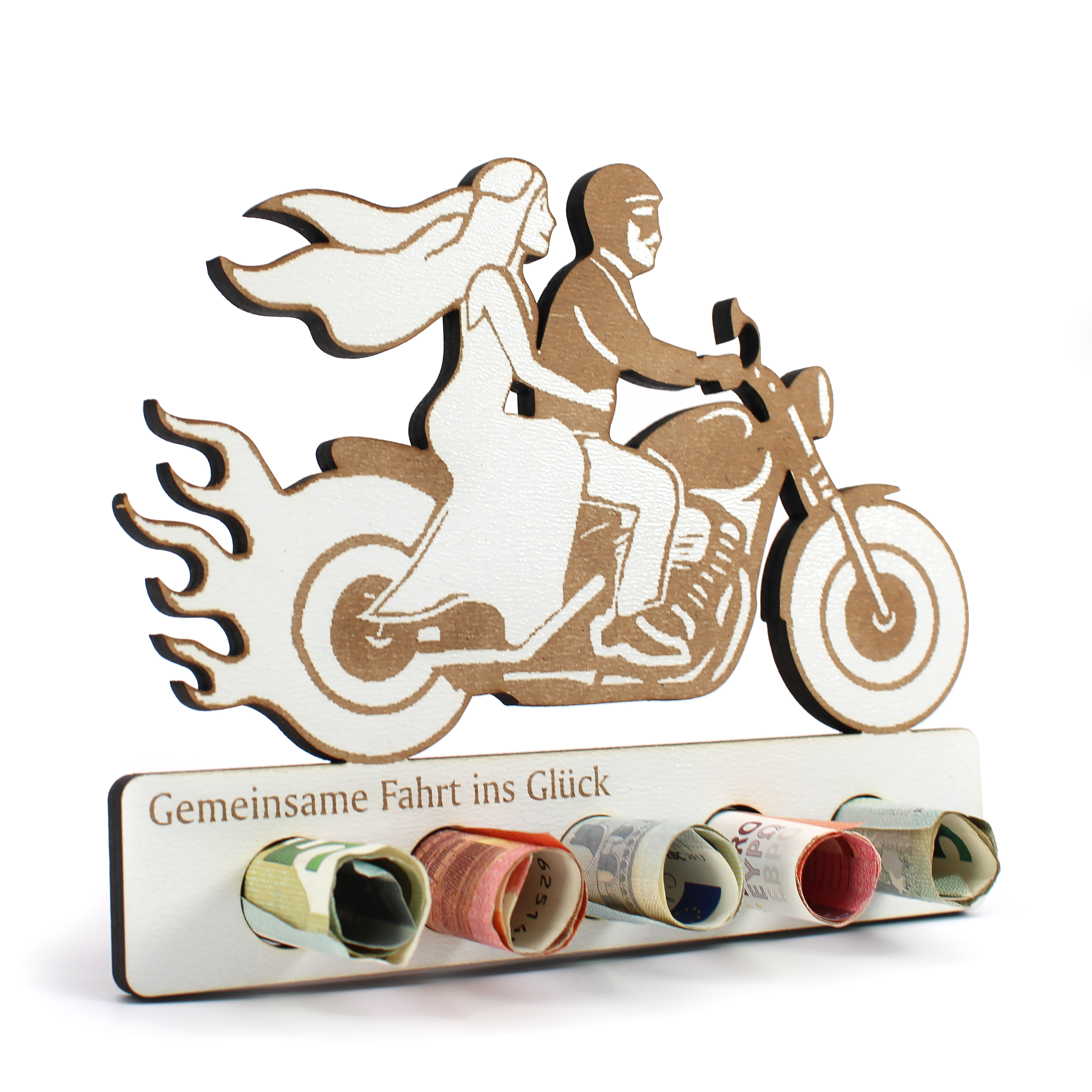 Geschenk zur Hochzeit – Geldgeschenk für Rocker – HDF Holzschild mit 5 Geldschein-Haltern