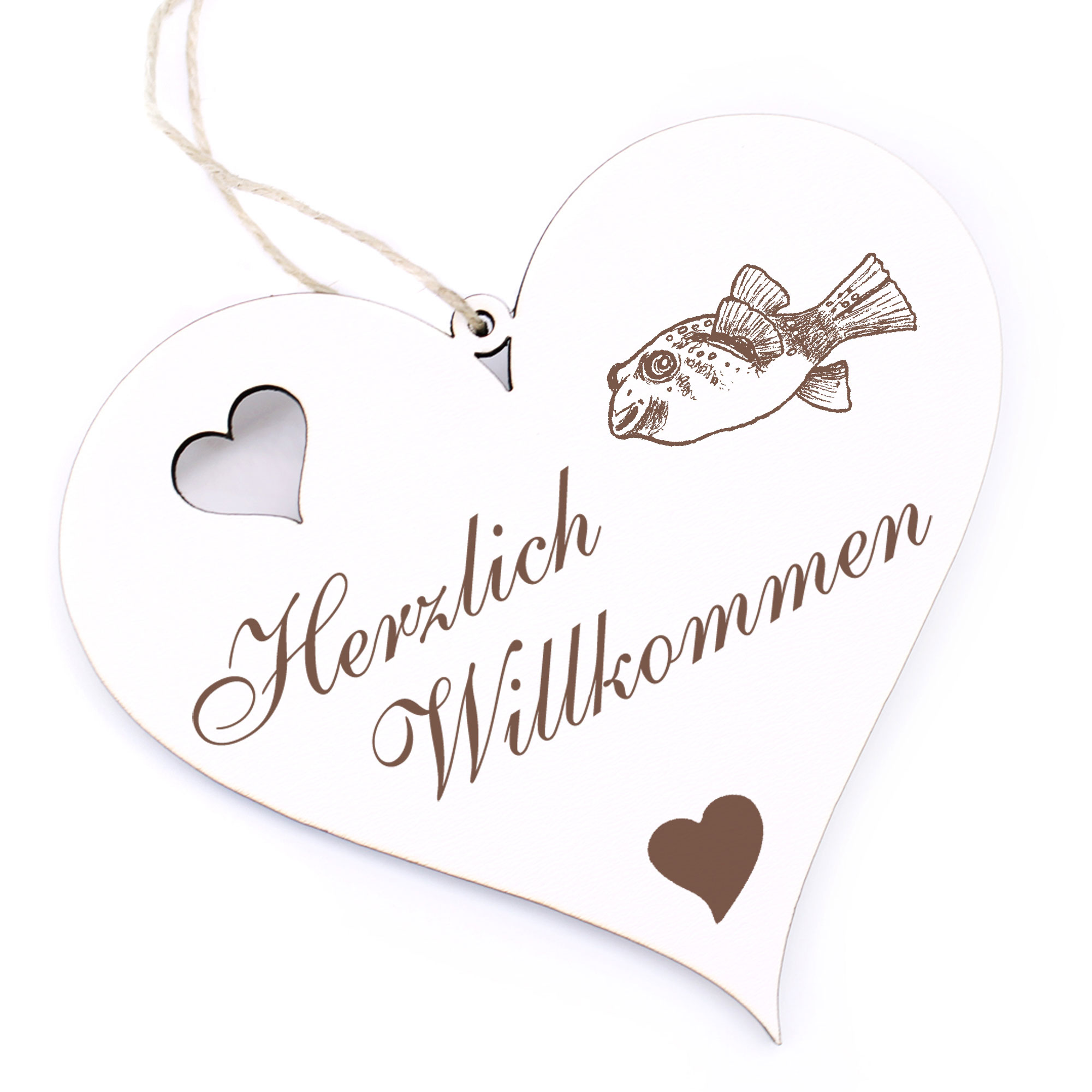 Herzlich Willkommen Schild - Kugelfisch - Deko Herz Holz