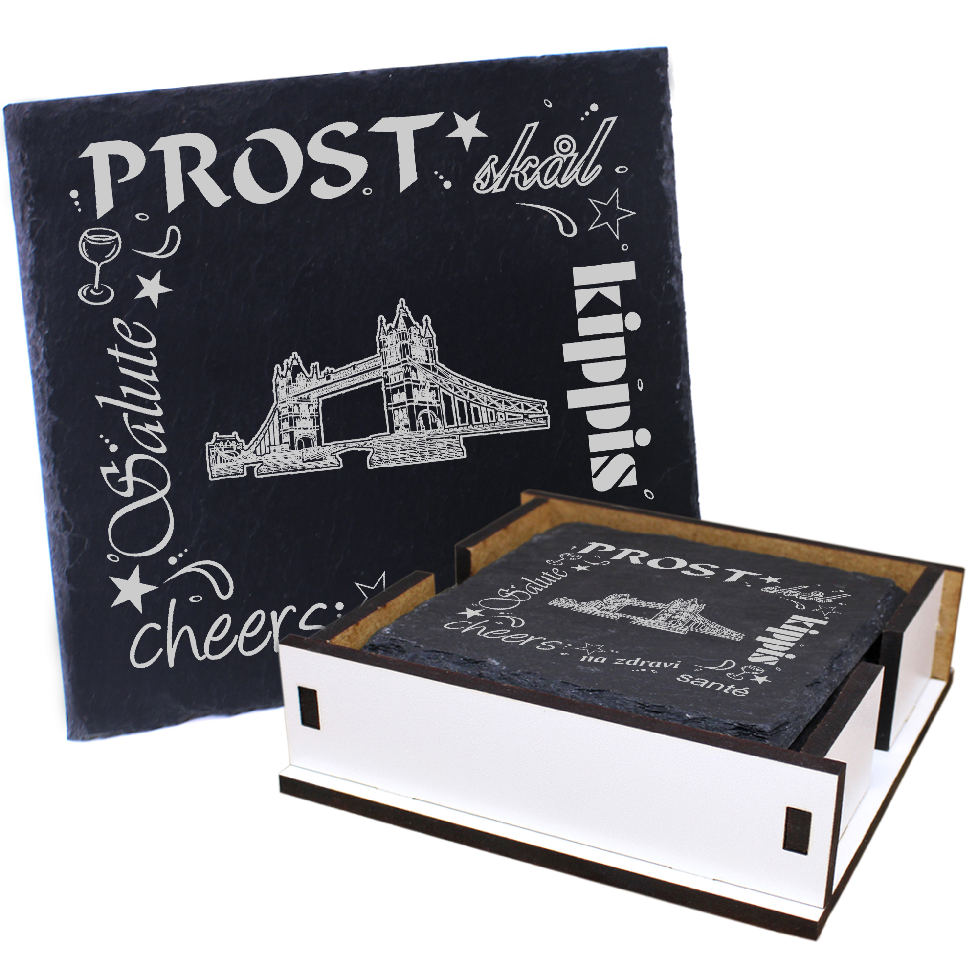 5 x Schiefer Untersetzer - Prost Tower Bridge - inkl. Holzbox & Flaschenuntersetzer