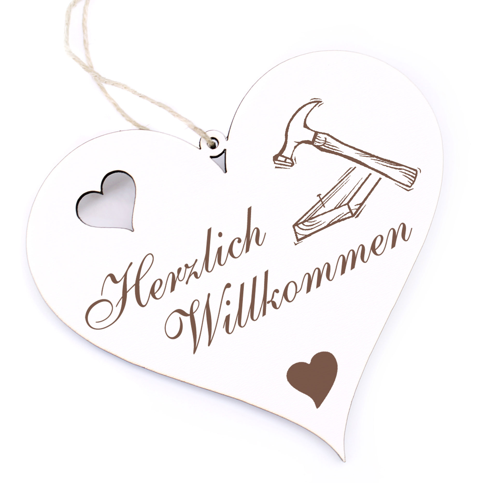 Herzlich Willkommen Schild - Zimmermann Hammer und Brett - Deko Herz Holz