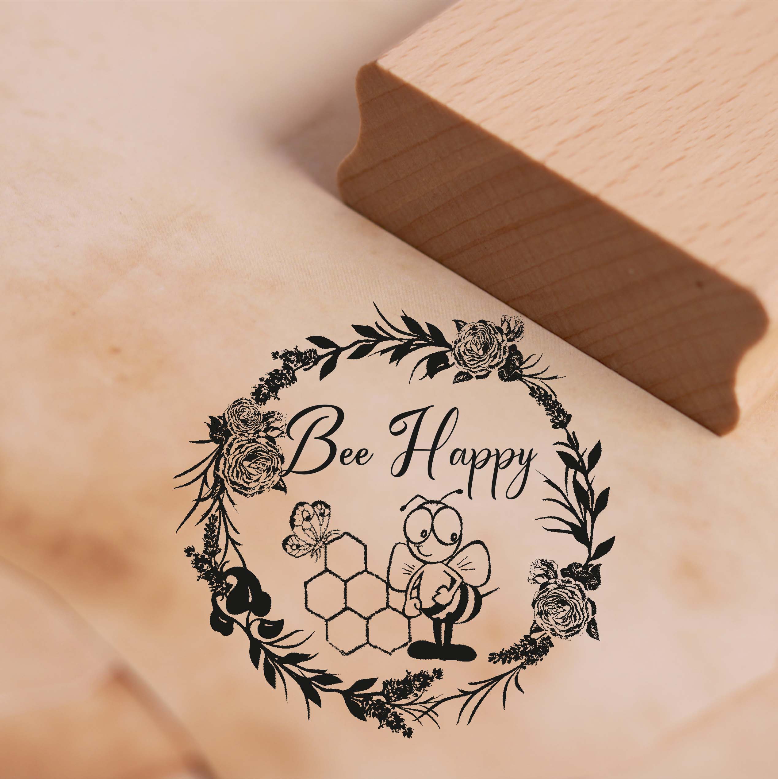 Motivstempel Honig Etikett Bee Happy - Vintage Kranz Rosen - Stempel Bienenwabe 68 x 67 mm
