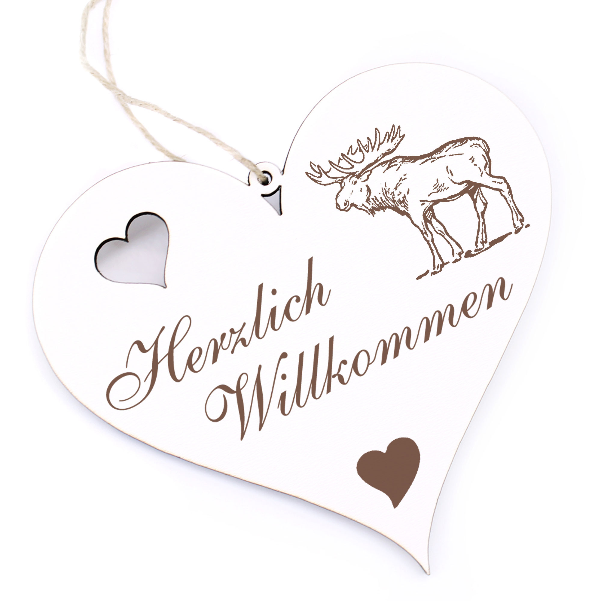 Herzlich Willkommen Schild - laufender Elch - Deko Herz Holz