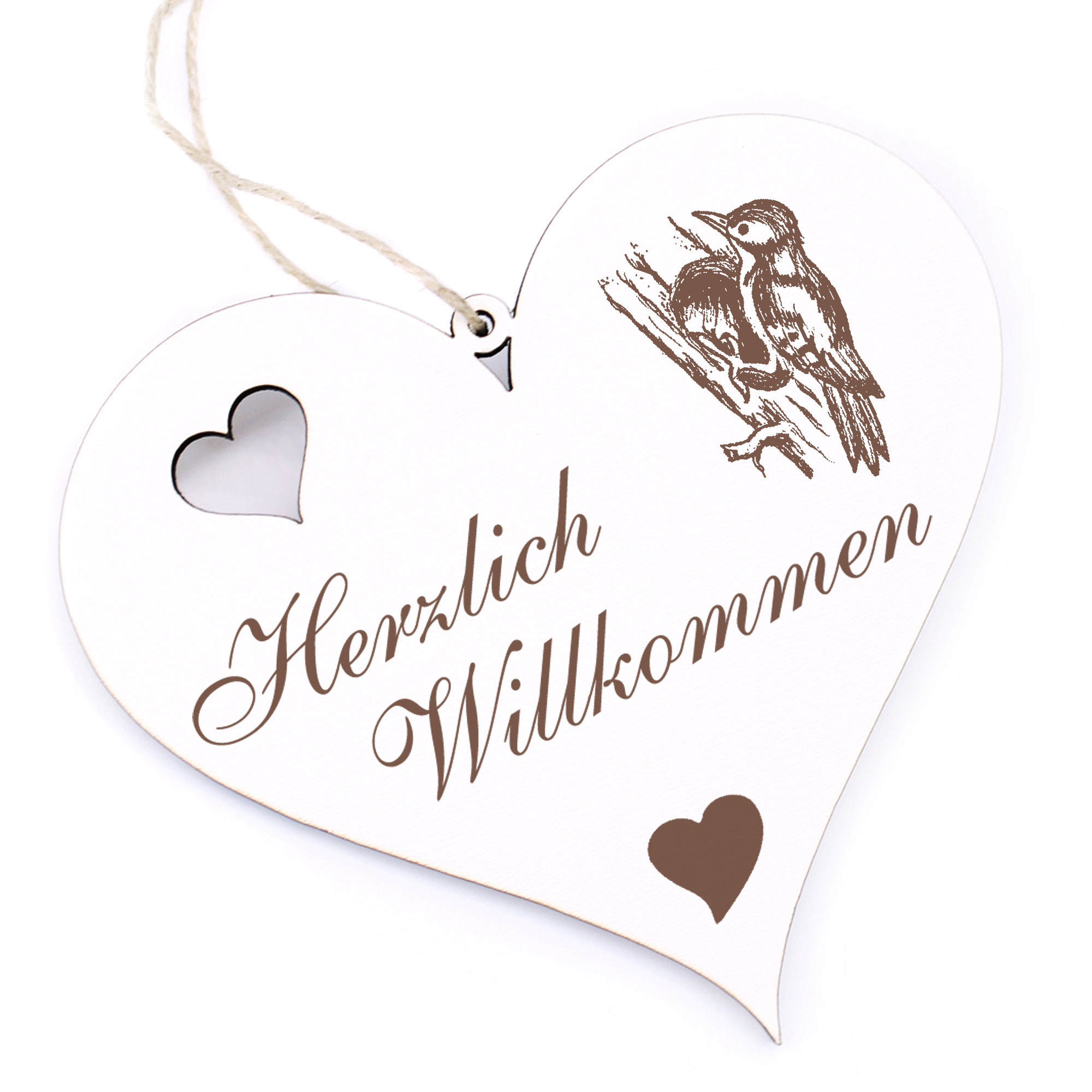 Herzlich Willkommen Schild - Specht - Deko Herz Holz