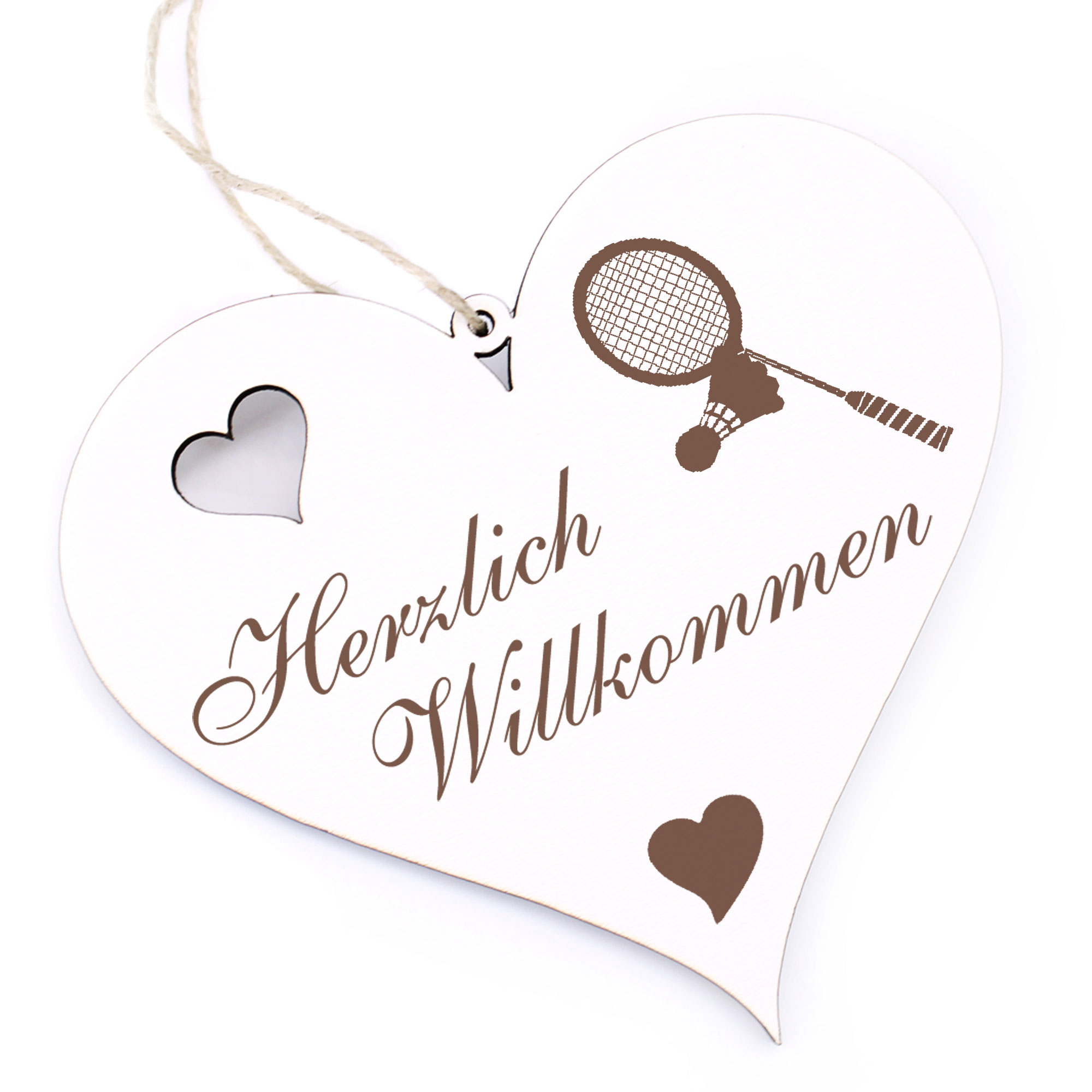 Herzlich Willkommen Schild - Badmintonschläger - Deko Herz Holz