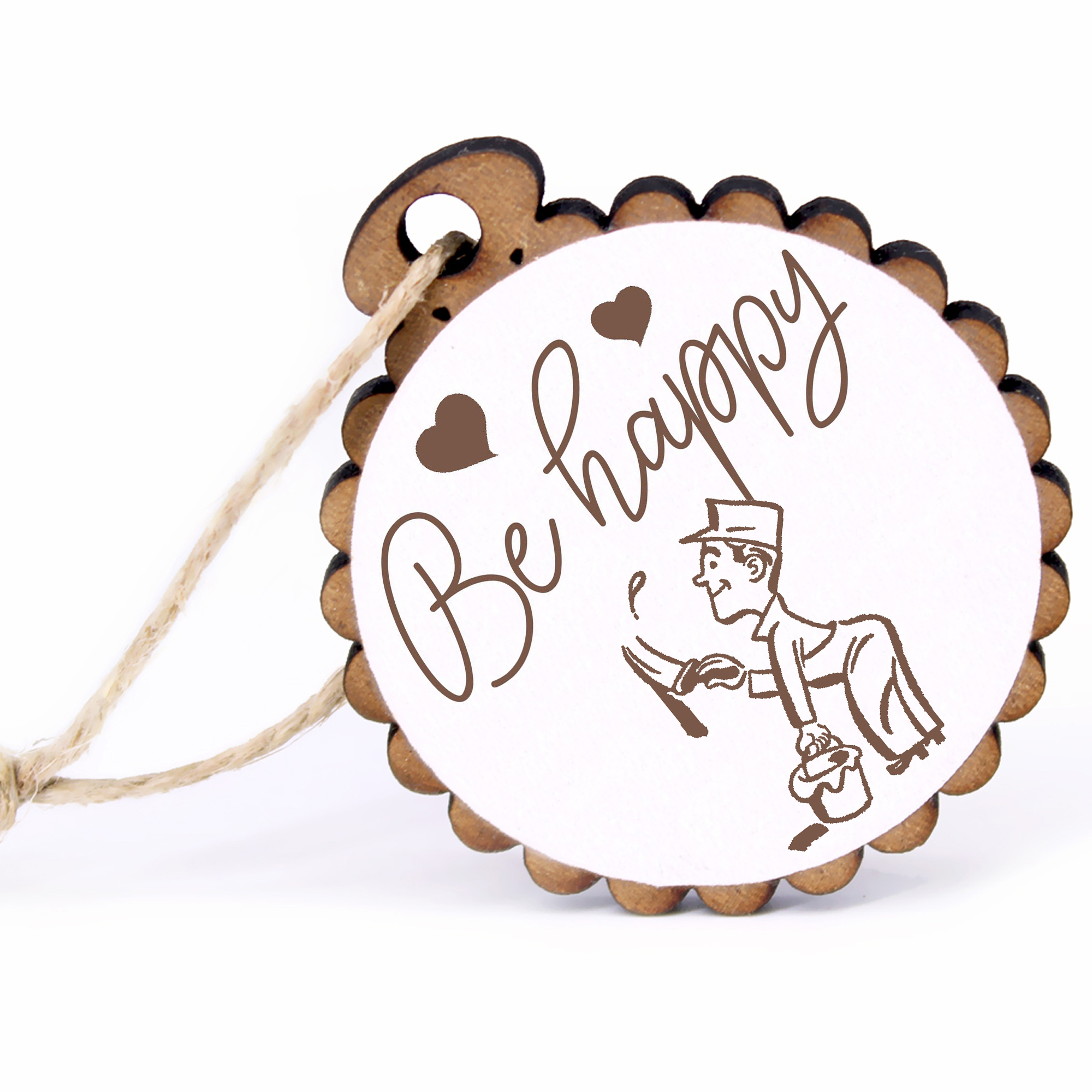 Geschenkanhänger - Be Happy Maler mit Pinsel -  Holz Ø-5cm - mit Juteband
