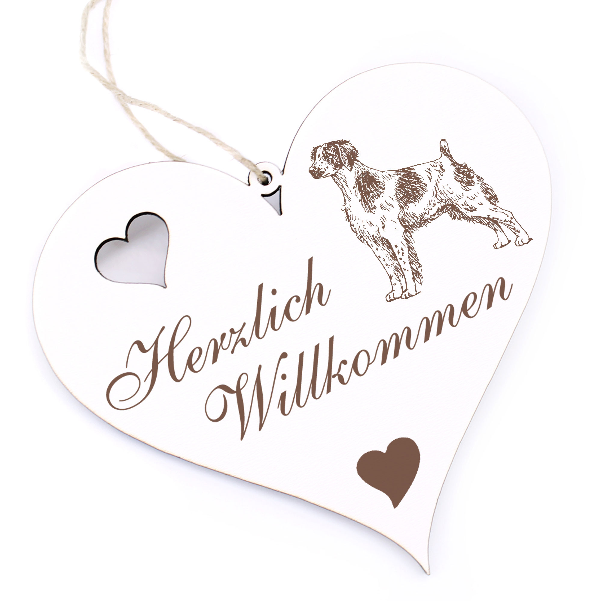 Herzlich Willkommen Schild - Epagneul Breton - Deko Herz Holz