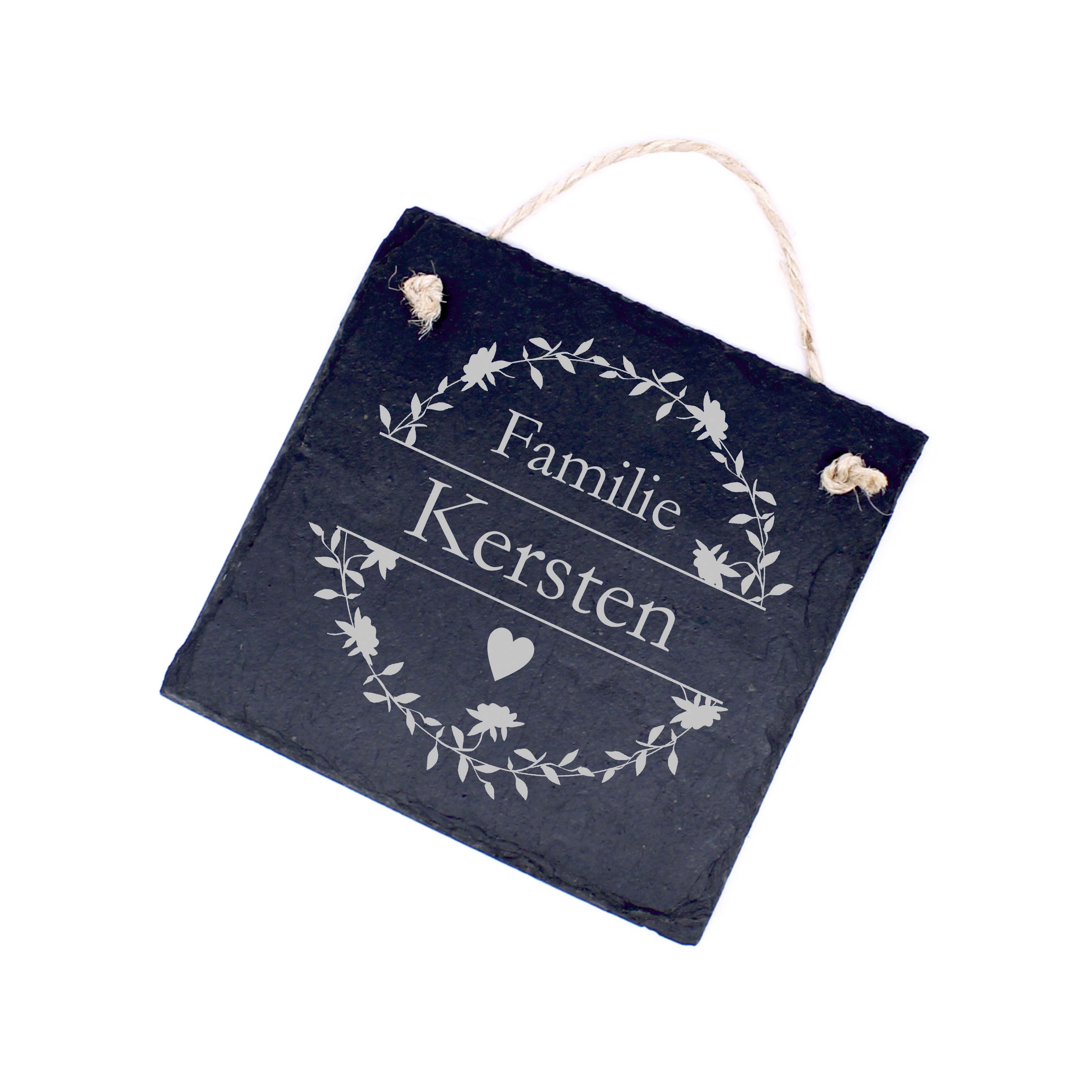 Schiefertafel Blütenkranz mit Familienname - Schild Türschild 11x11 cm