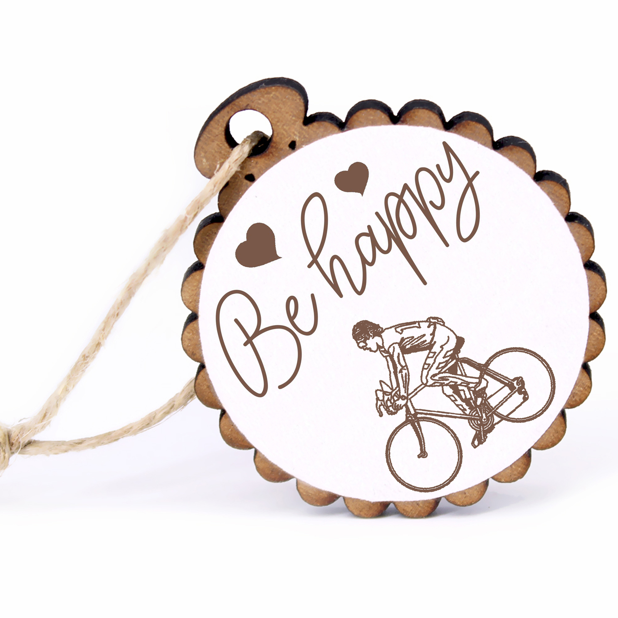 Geschenkanhänger - Be Happy Radfahrer -  Holz Ø-5cm - mit Juteband