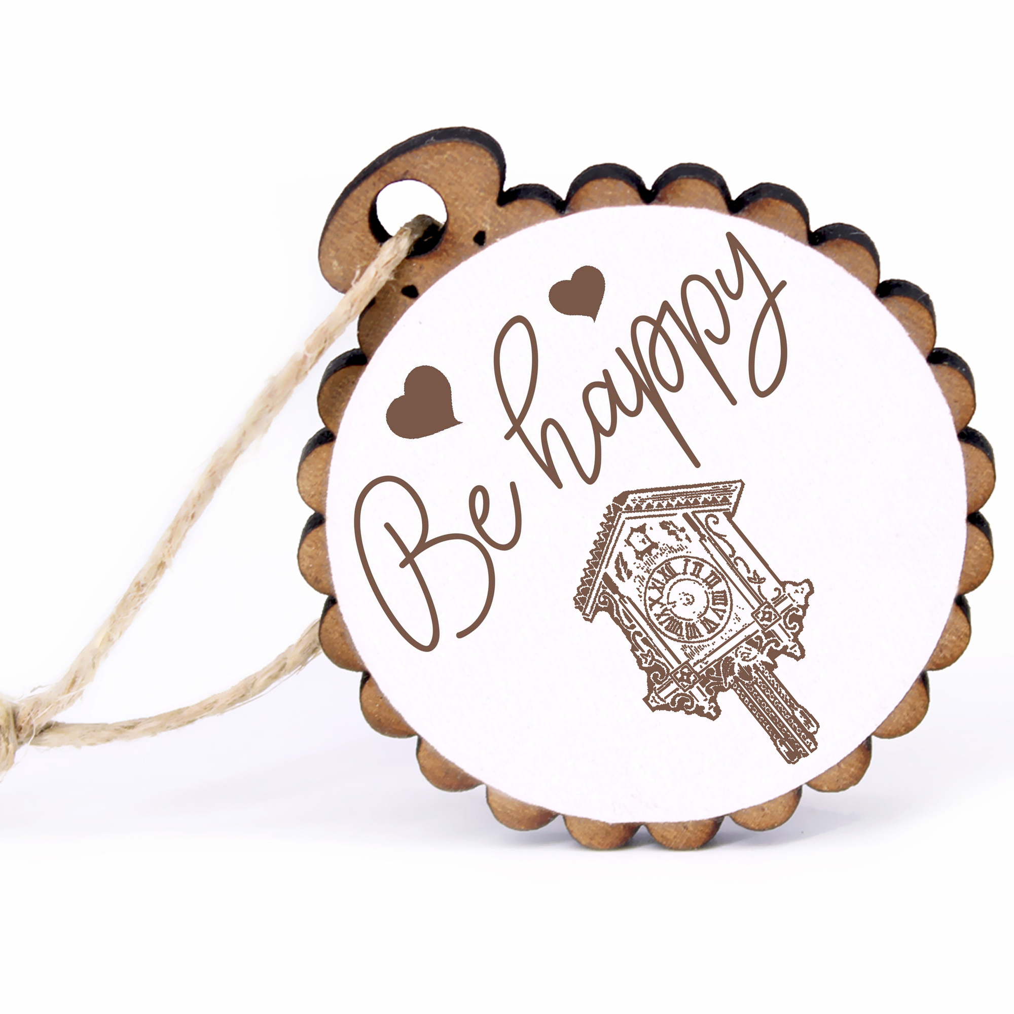 Geschenkanhänger - Be Happy Kuckucksuhr -  Holz Ø-5cm - mit Juteband
