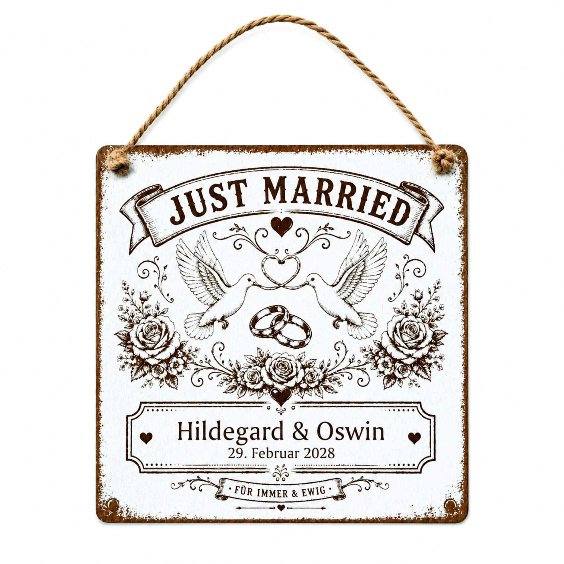 Personalisiertes Hochzeitsschild Just Married mit Namen - romantische Tauben - 15x15 cm