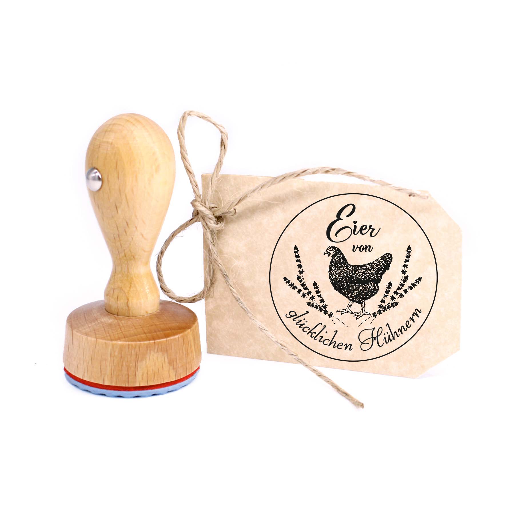 Stempel Eier von glücklichen Hühnern - Motiv Huhn Vintage Kranz Rundstempel Eierstempel 39x39mm