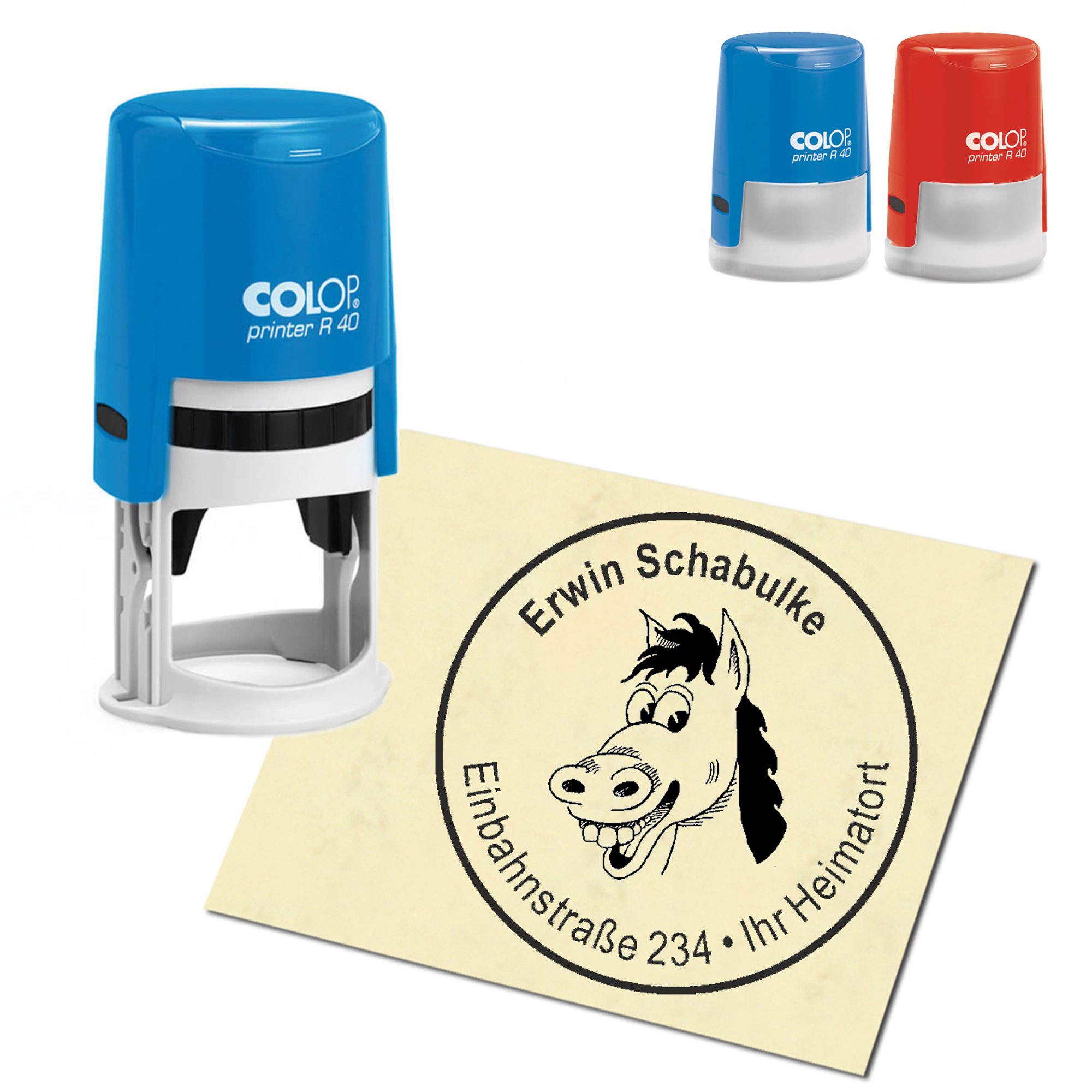 Stempel Adressstempel personalisiert - lustiger Pferdekopf - rund &empty; 40mm