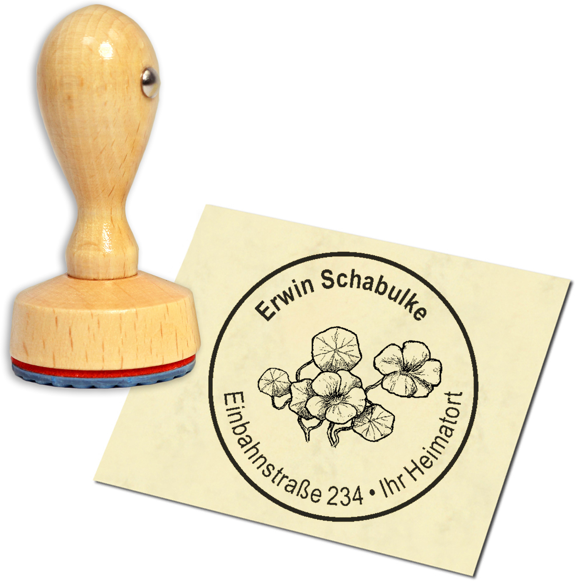 Stempel Adressstempel Holzstempel - Kapuzinerkresse - rund 40mm