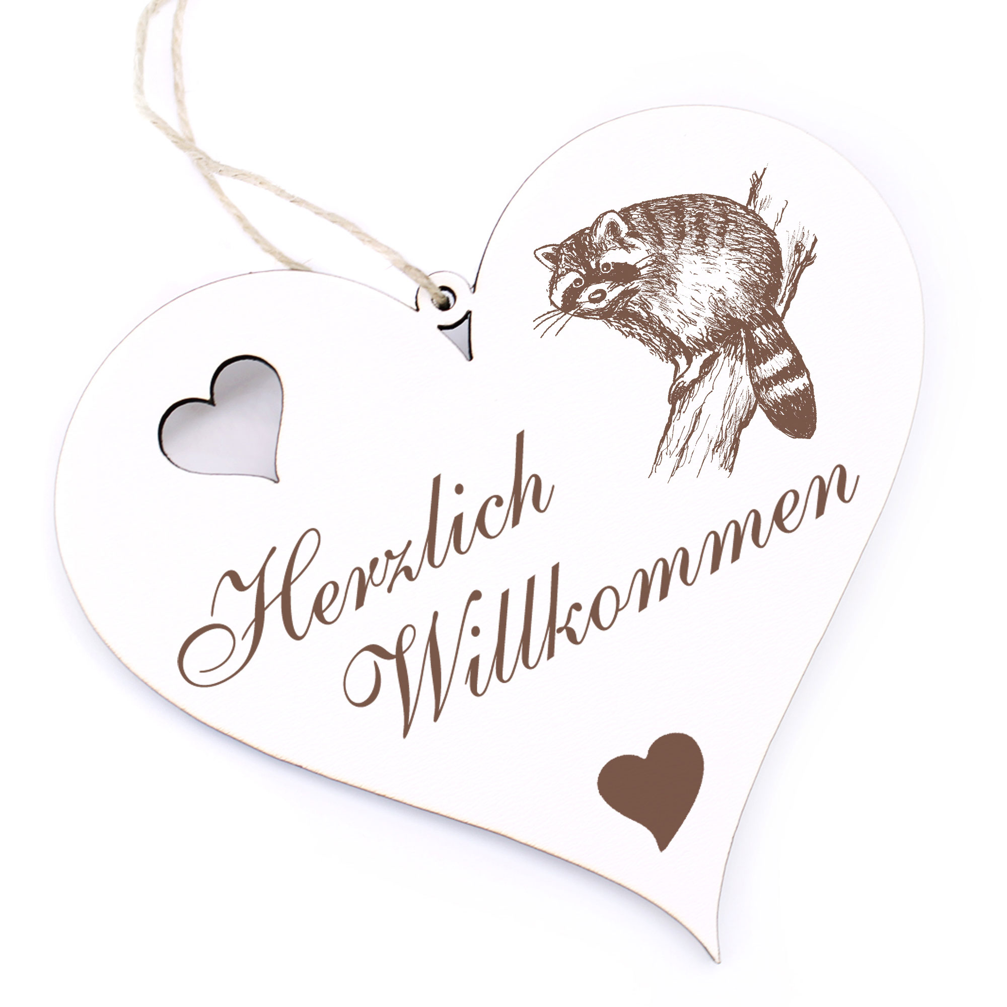 Herzlich Willkommen Schild - Waschbär auf Ast - Deko Herz Holz