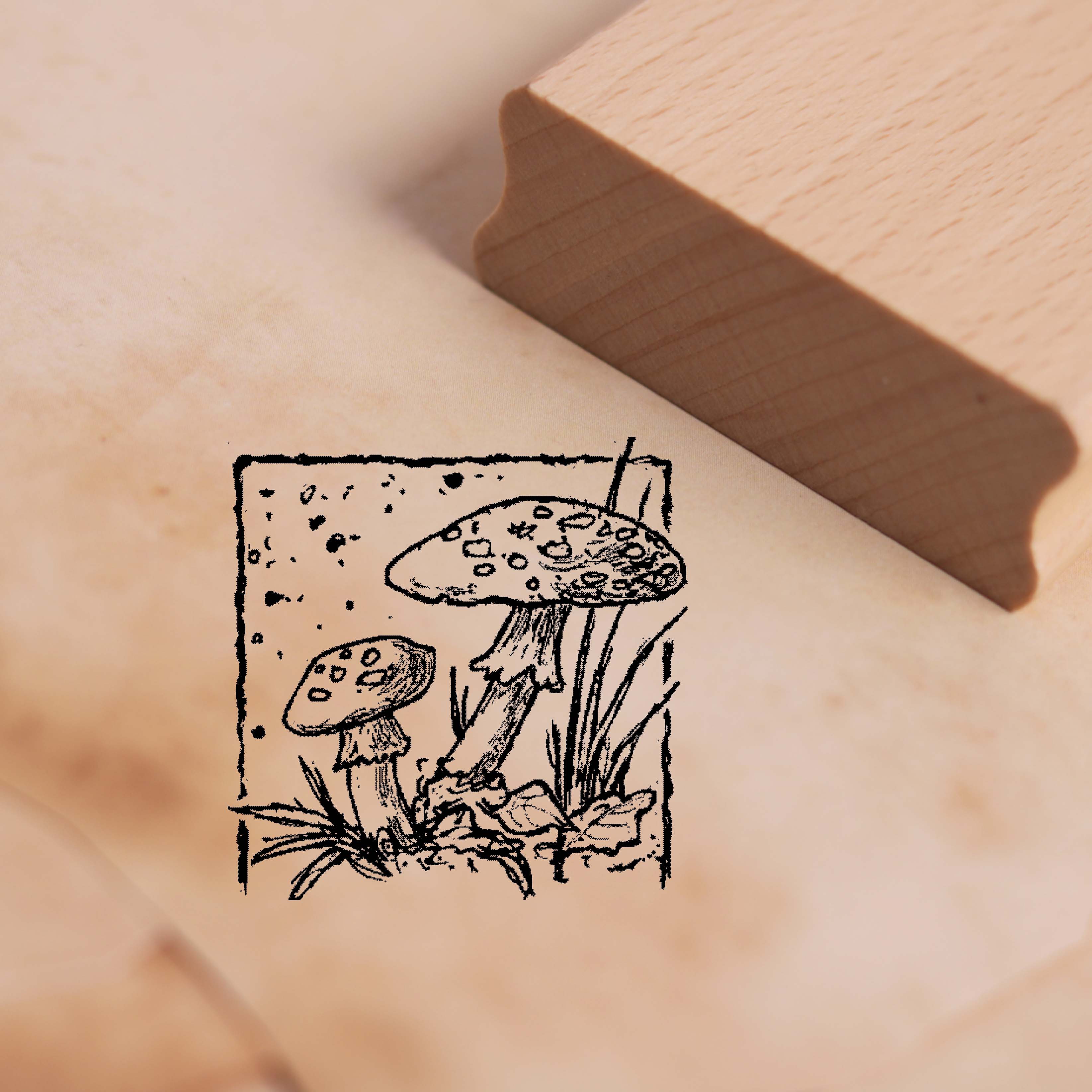 Motivstempel Fliegenpilze im Rahmen - Stempel Holzstempel 38 x 38 mm