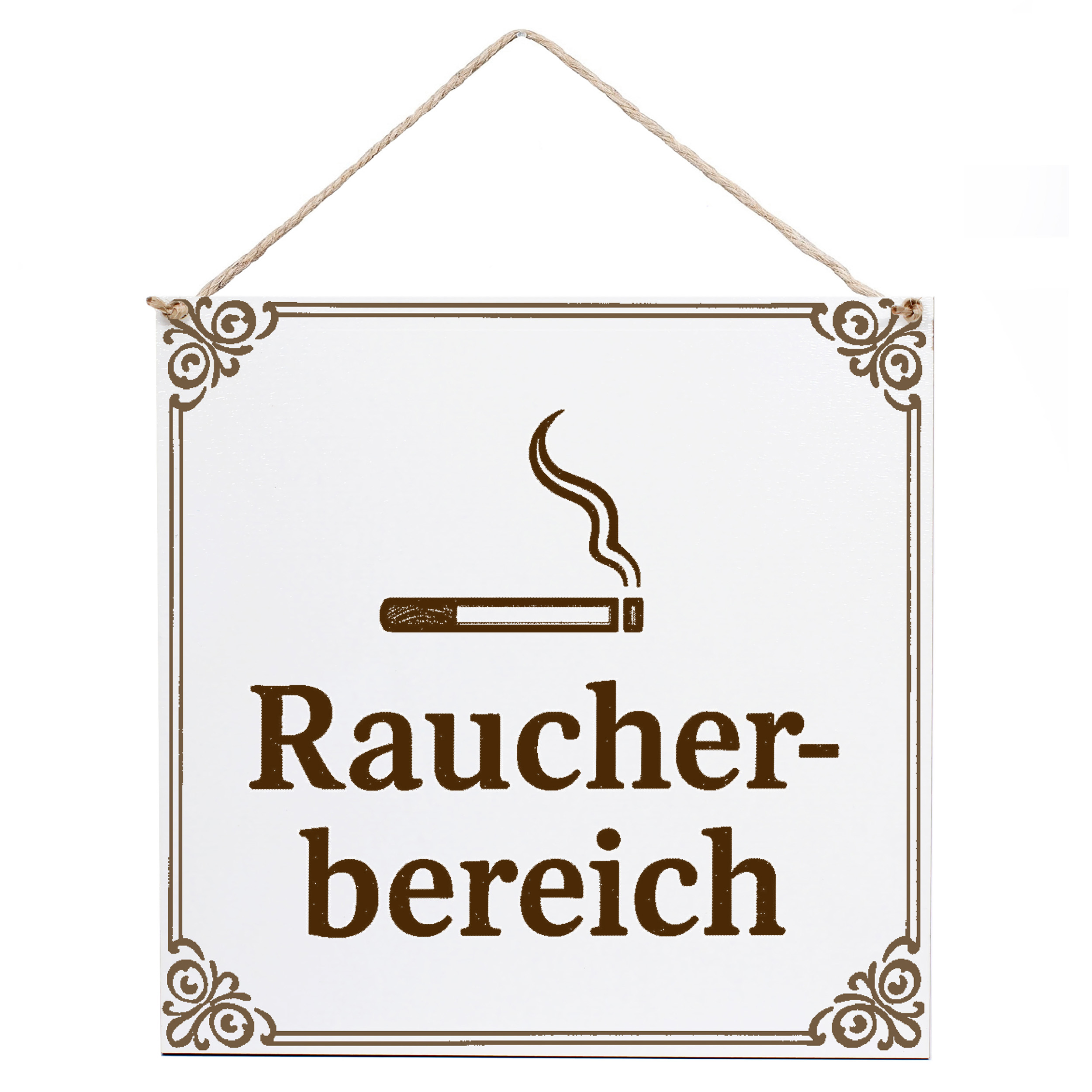 Dekoschild Raucherbereich 15×15 cm aus weißem HDF – Graviertes Spruchschild