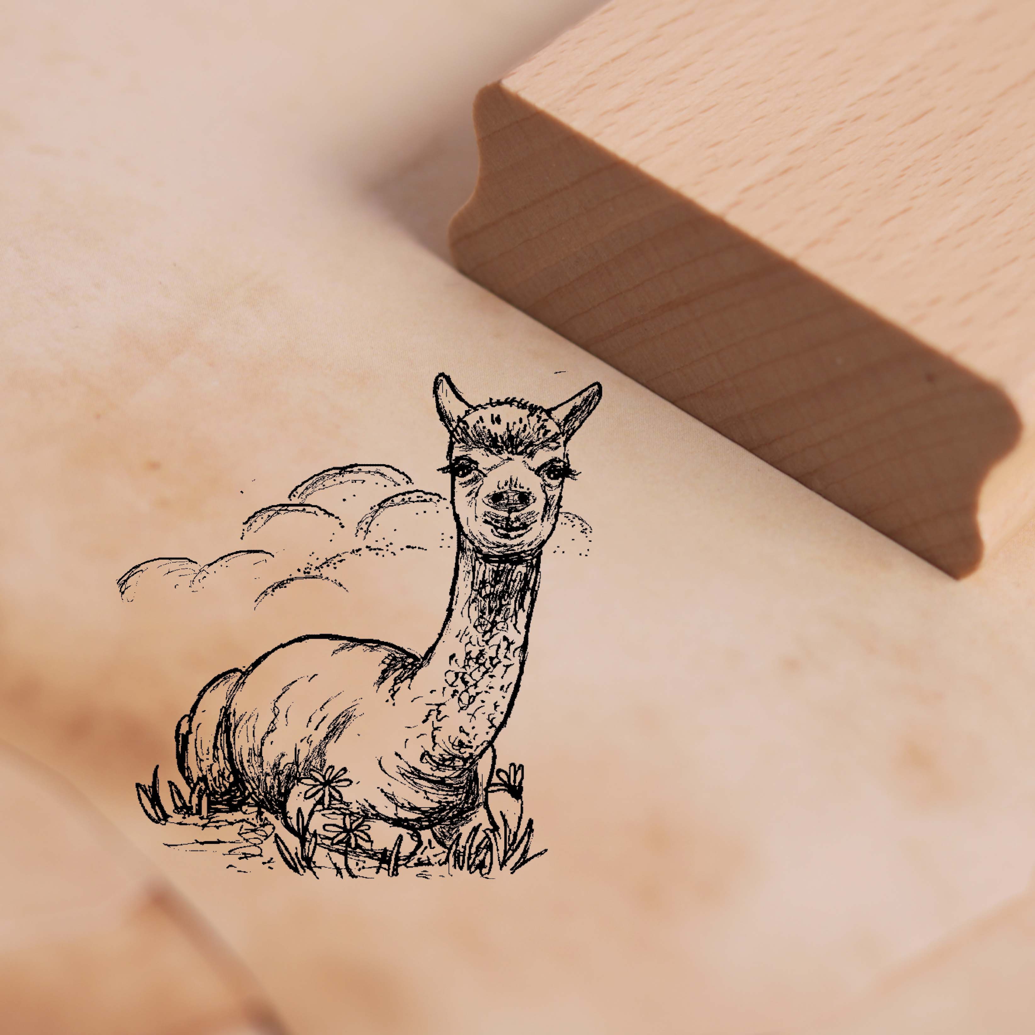 Motivstempel Alpaka liegt im Gras - Stempel Holzstempel 48 x 48 mm
