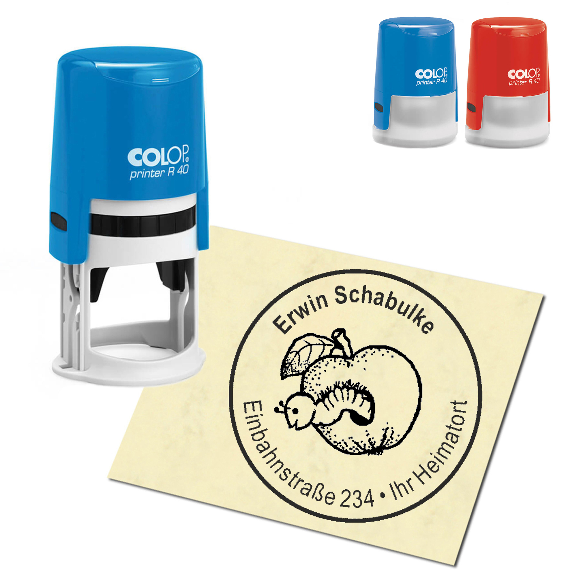 Stempel Adressstempel personalisiert - Apfel mit Wurm - rund &empty; 40mm