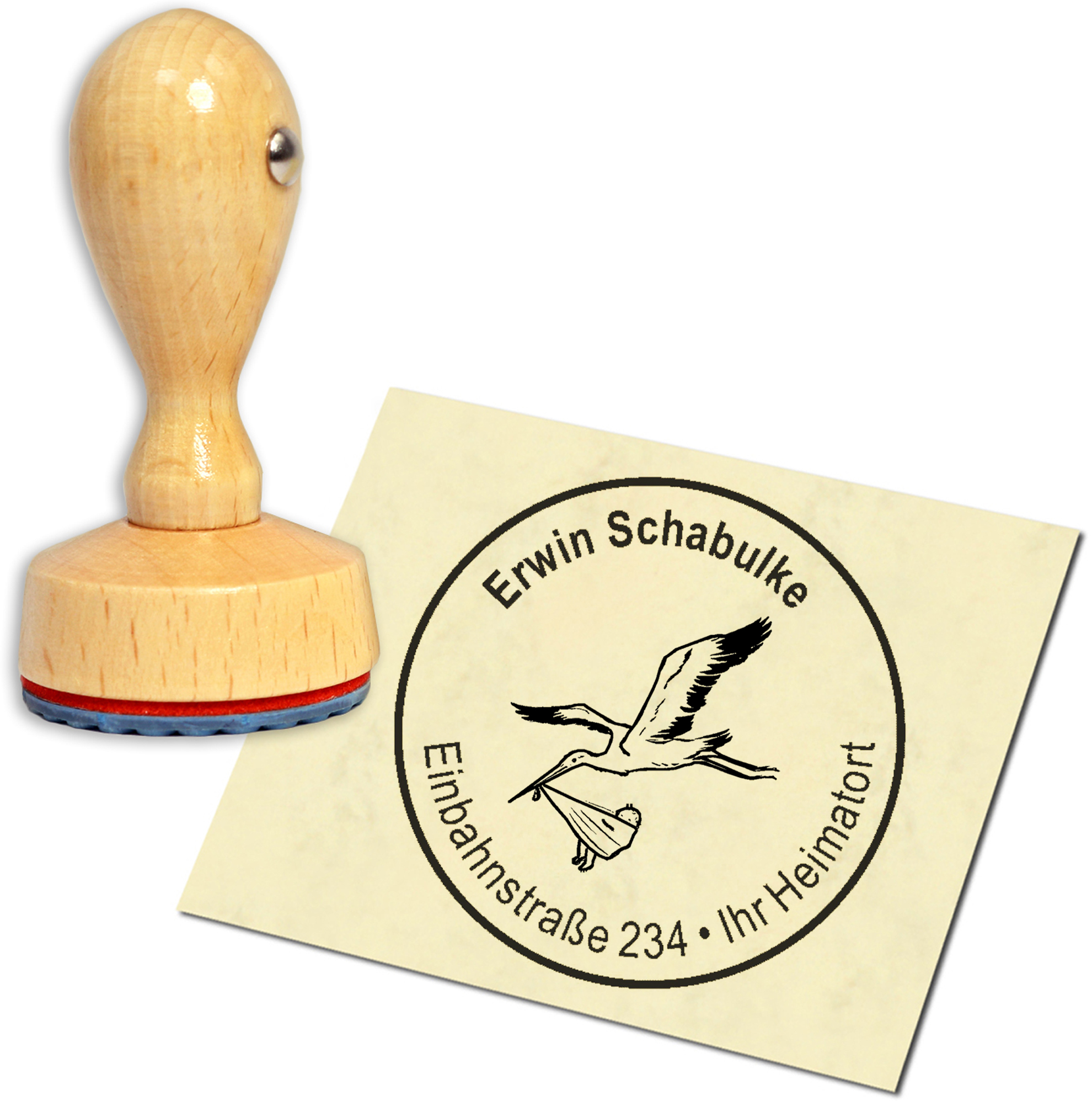 Stempel Adressstempel Holzstempel - Storch mit Baby - rund 40mm