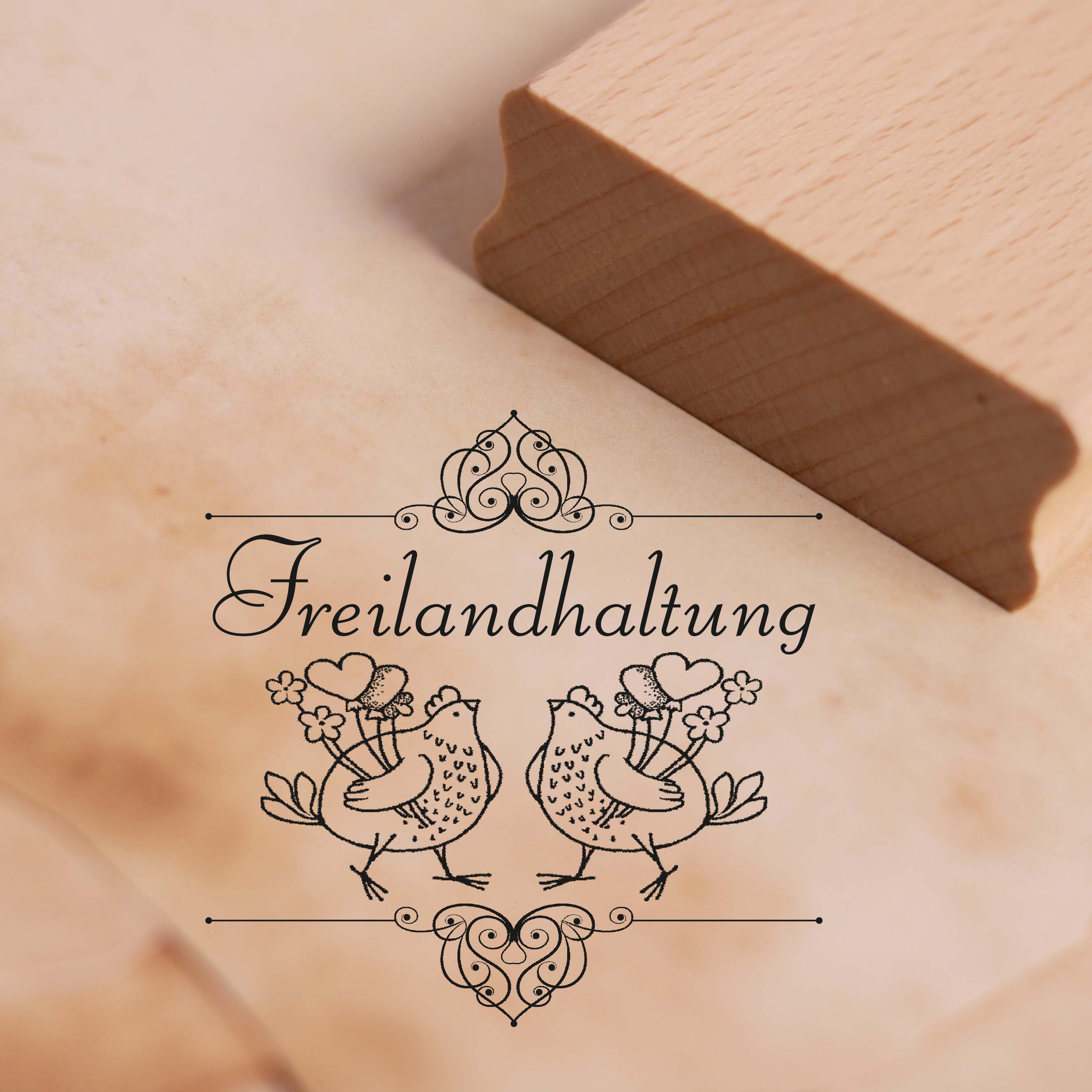 Stempel Freilandhaltung - Hühner mit Herzen Vintage Ornament - Motivstempel für Eierkarton 68x68mm