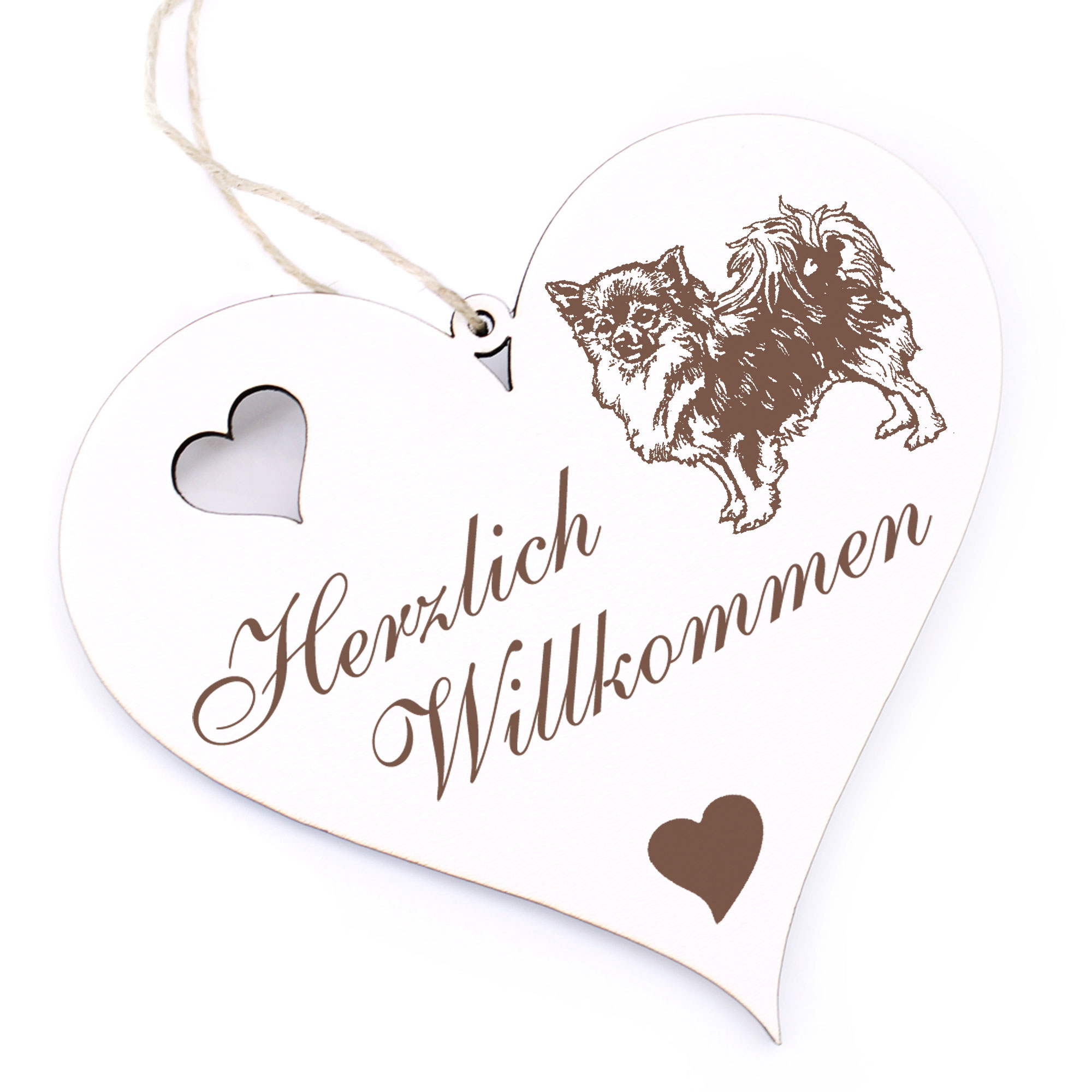 Herzlich Willkommen Schild - Langhaar Chihuahua - Deko Herz Holz
