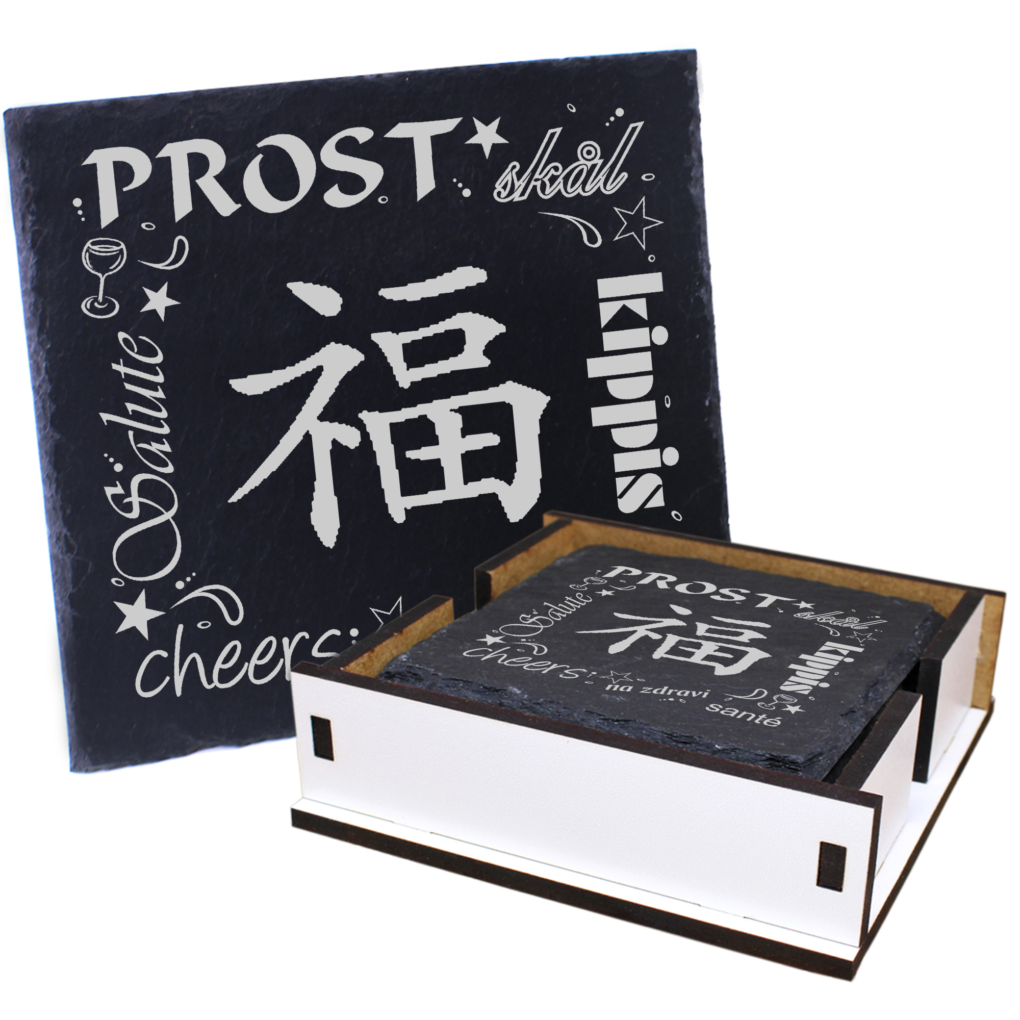 5 x Schiefer Untersetzer - Prost Glück - inkl. Holzbox & Flaschenuntersetzer