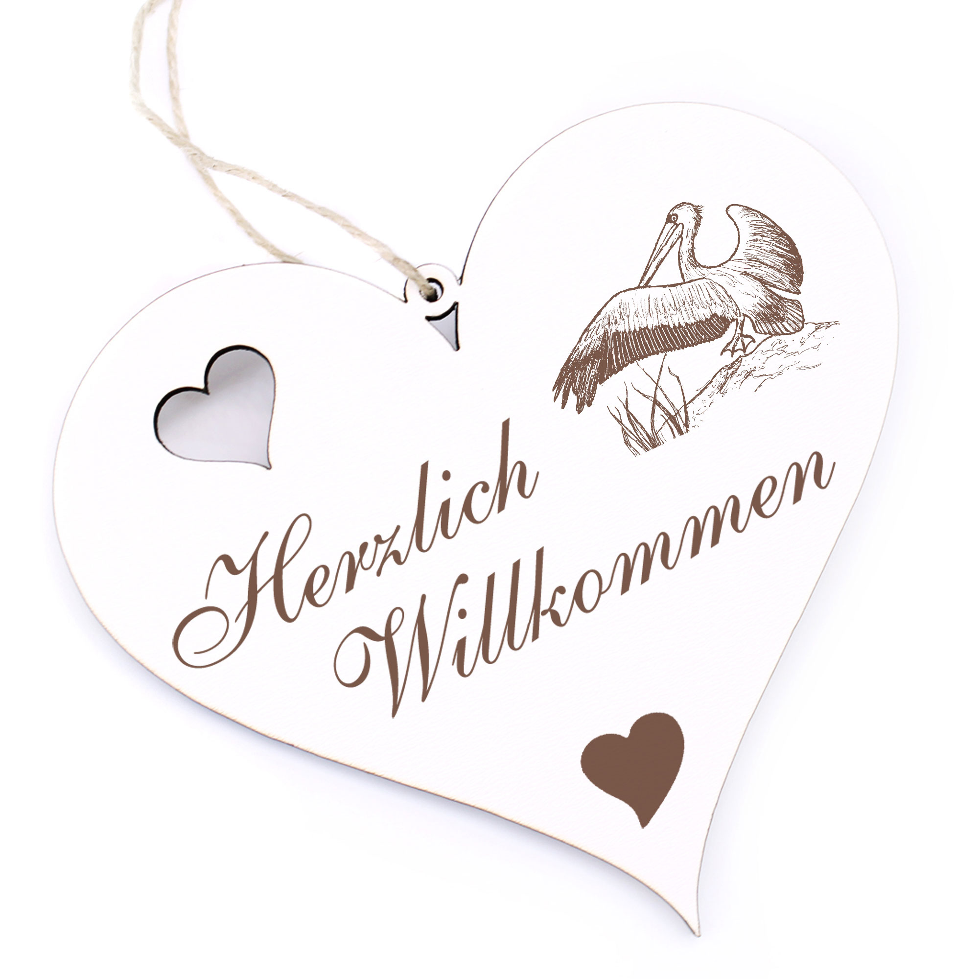 Herzlich Willkommen Schild - fliegender Pelikan - Deko Herz Holz