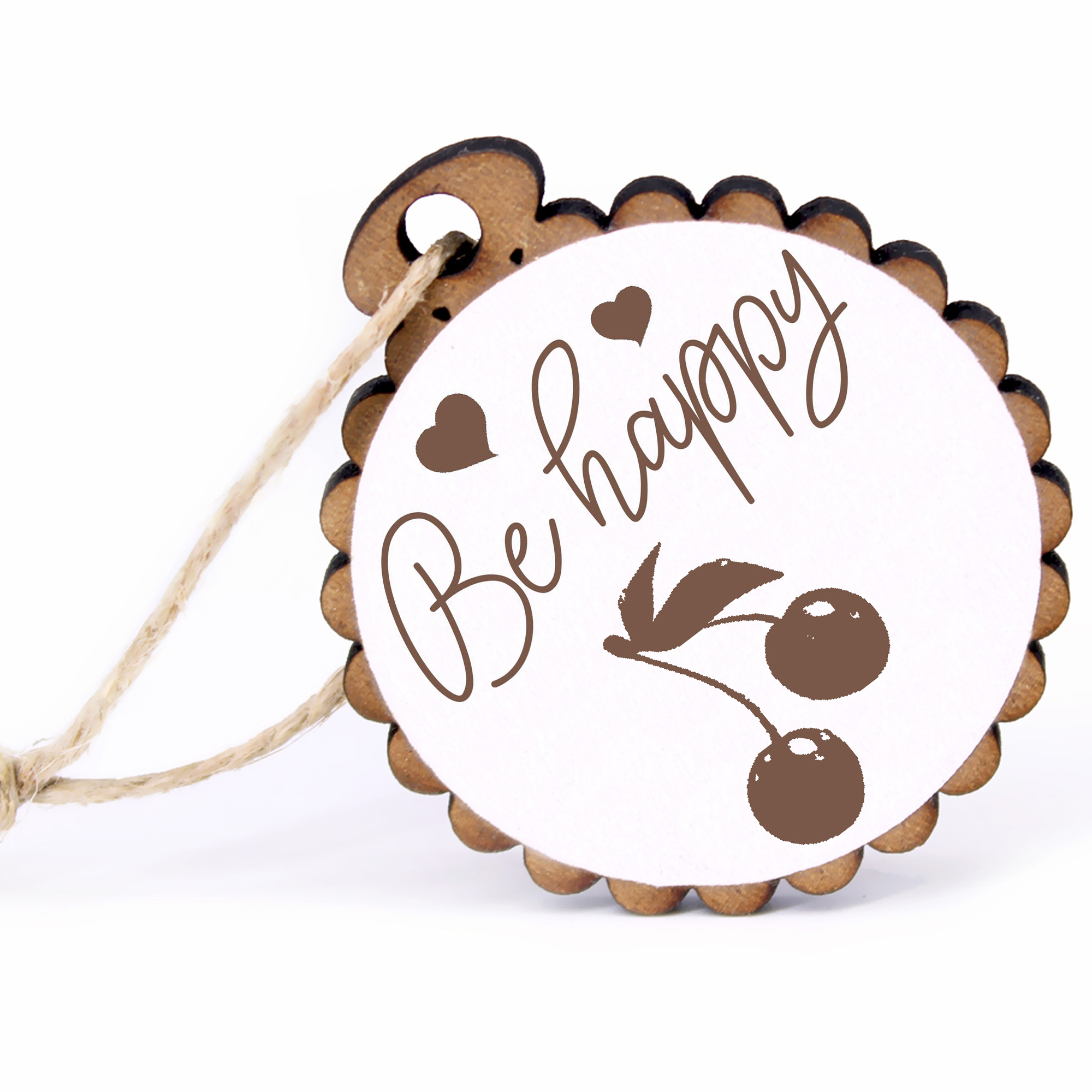 Geschenkanhänger - Be Happy Kirsche -  Holz Ø-5cm - mit Juteband