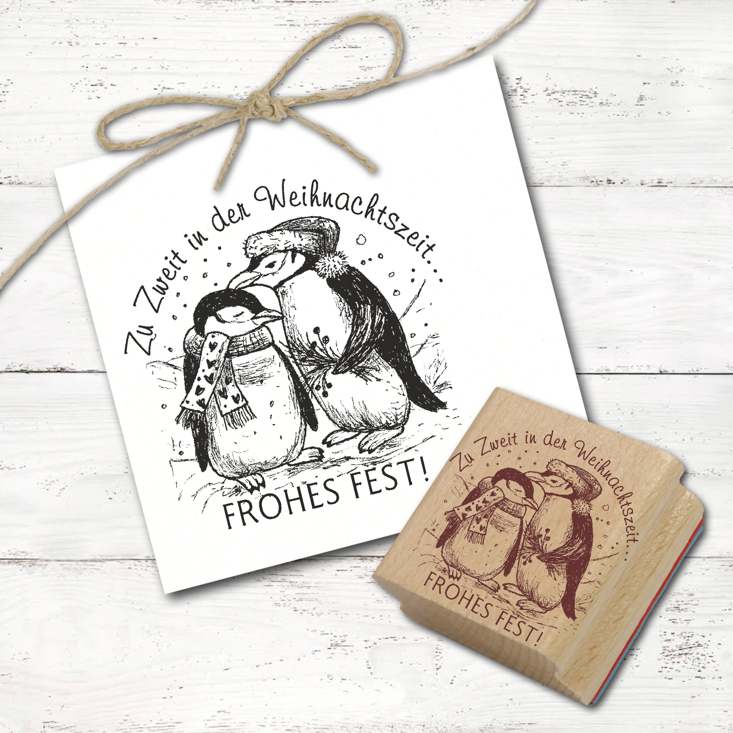 Motivstempel Pinguine Winter - Zu Zweit in der Weihnachtszeit - Stempel Frohes Fest Holzstempel 68mm x 68mm