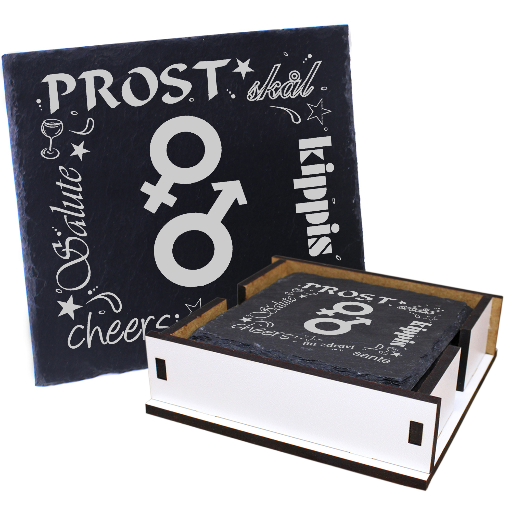 5 x Schiefer Untersetzer - Prost Mann und Frau Symbol - inkl. Holzbox & Flaschenuntersetzer