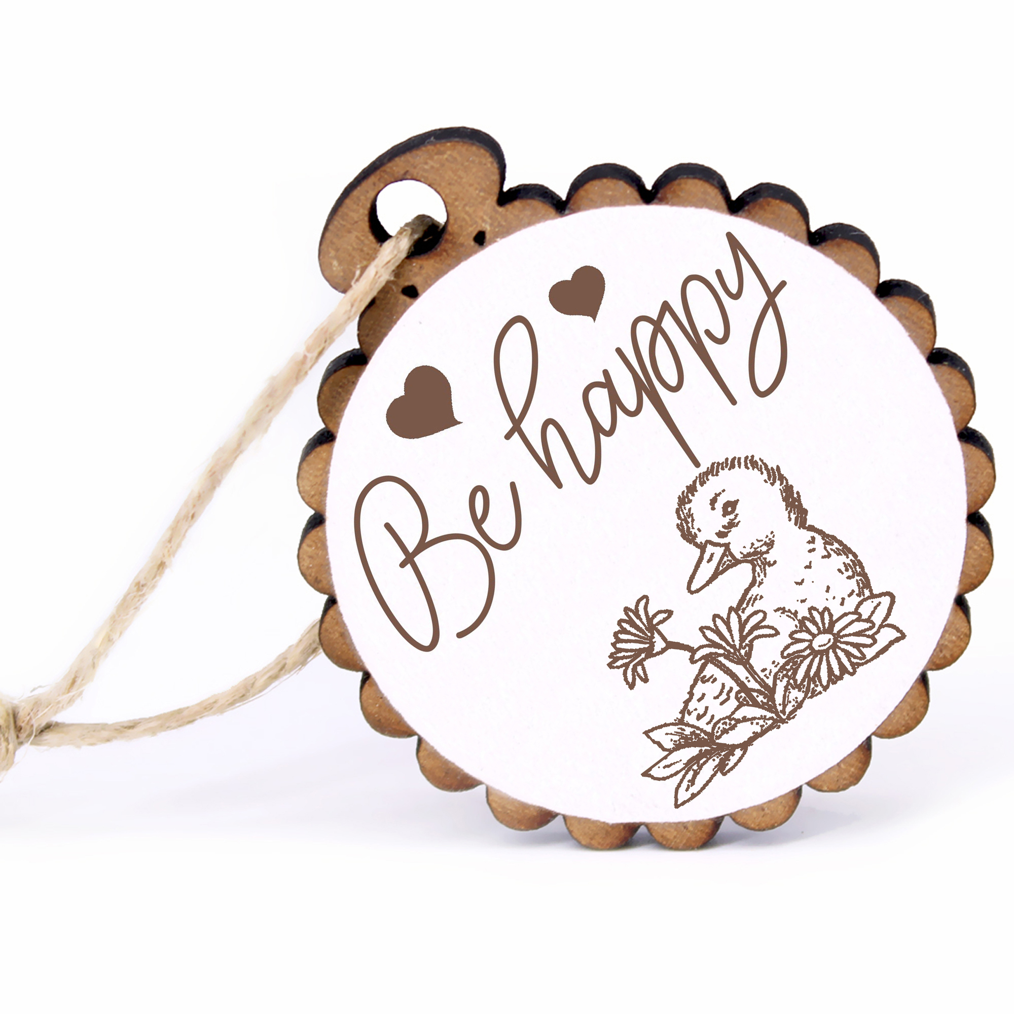 Geschenkanhänger - Be Happy Ente mit Blume -  Holz Ø-5cm - mit Juteband