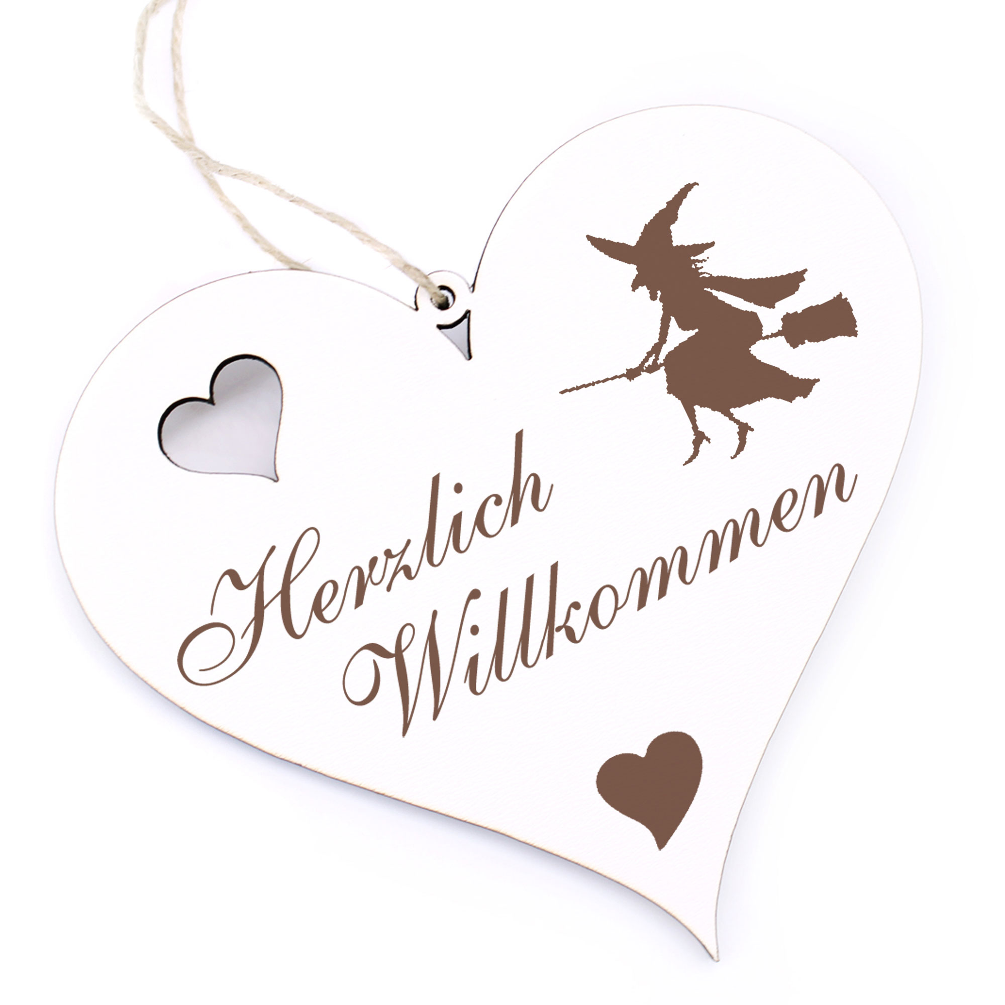 Herzlich Willkommen Schild - Hexe auf Besen - Deko Herz Holz