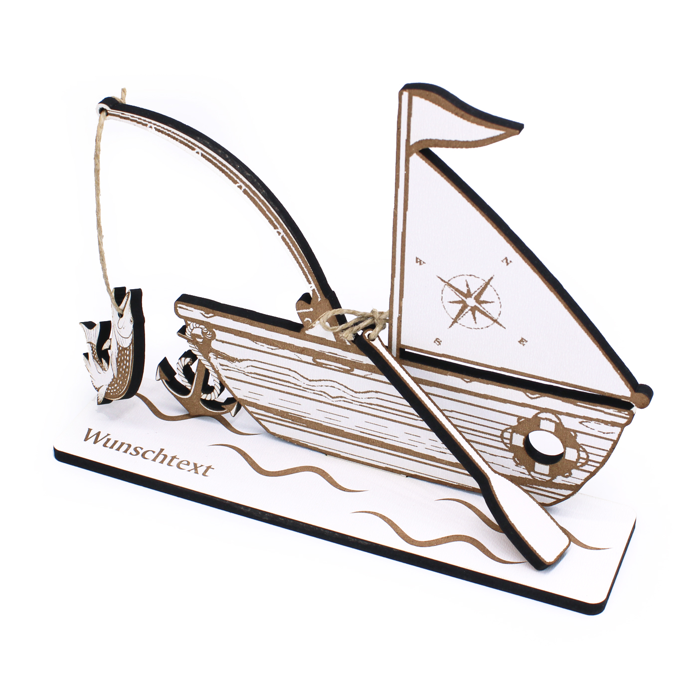 Geldgeschenk Angeln Fischerboot mit Angel und Ruder - inkl. Wunschtext - Schild für Geld Gutschein