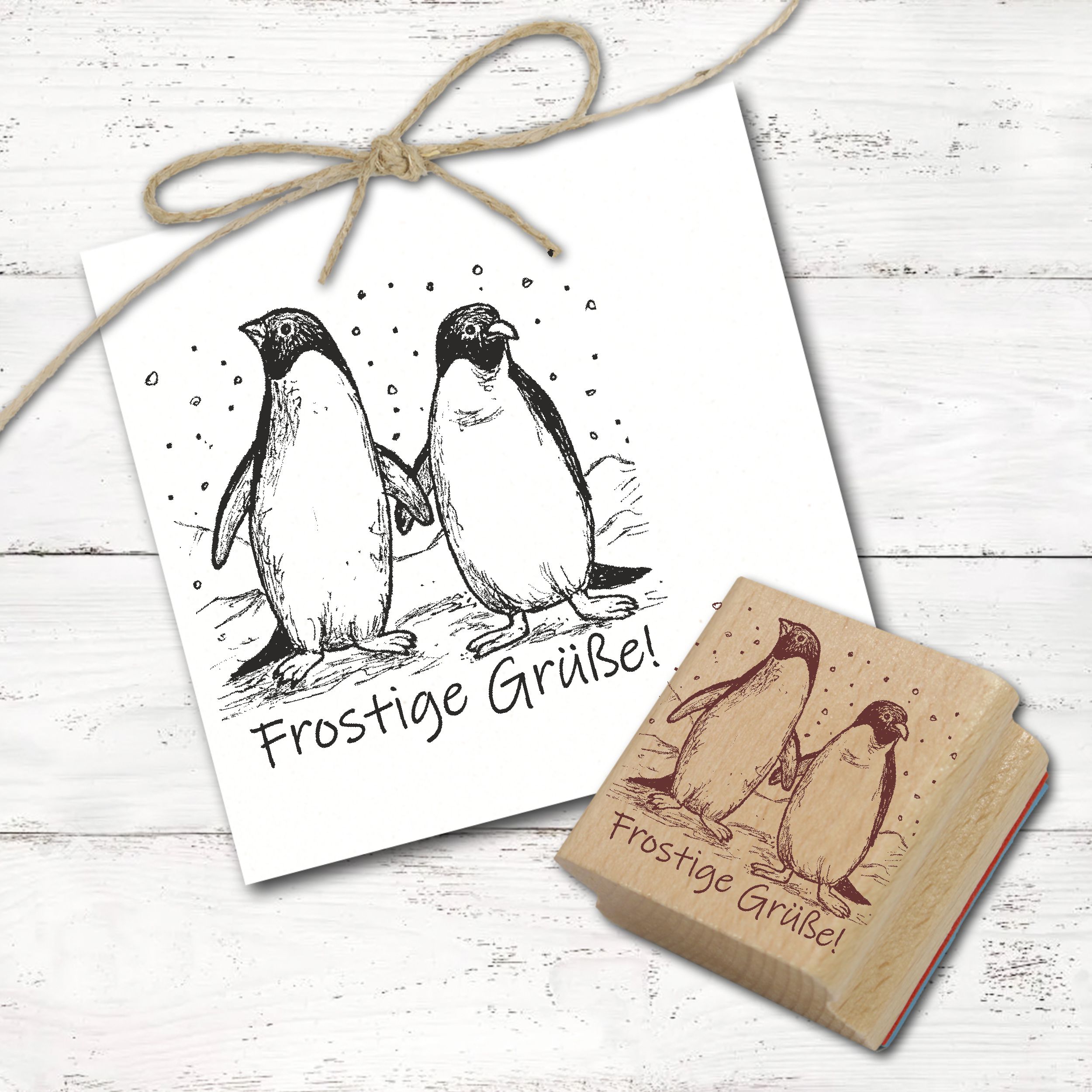 Motivstempel Pinguine Frostige Grüße - Winter Pinguin Stempel Pinguinpaar Holzstempel 68mm x 68mm