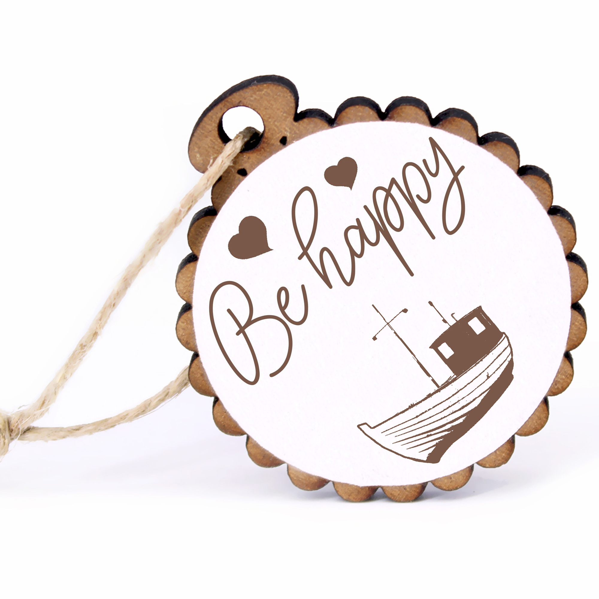 Geschenkanhänger - Be Happy Fischkutter -  Holz Ø-5cm - mit Juteband