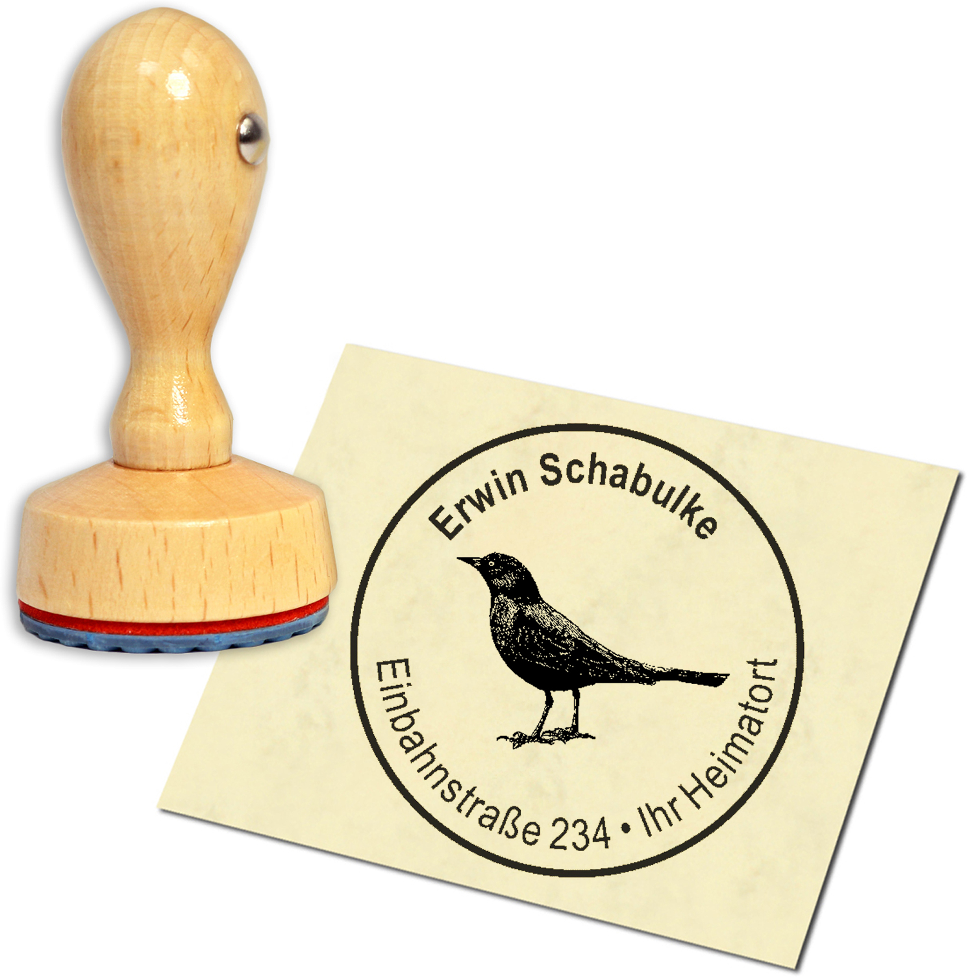 Stempel Adressstempel Holzstempel - Amsel Schwarzdrossel  - rund 40mm