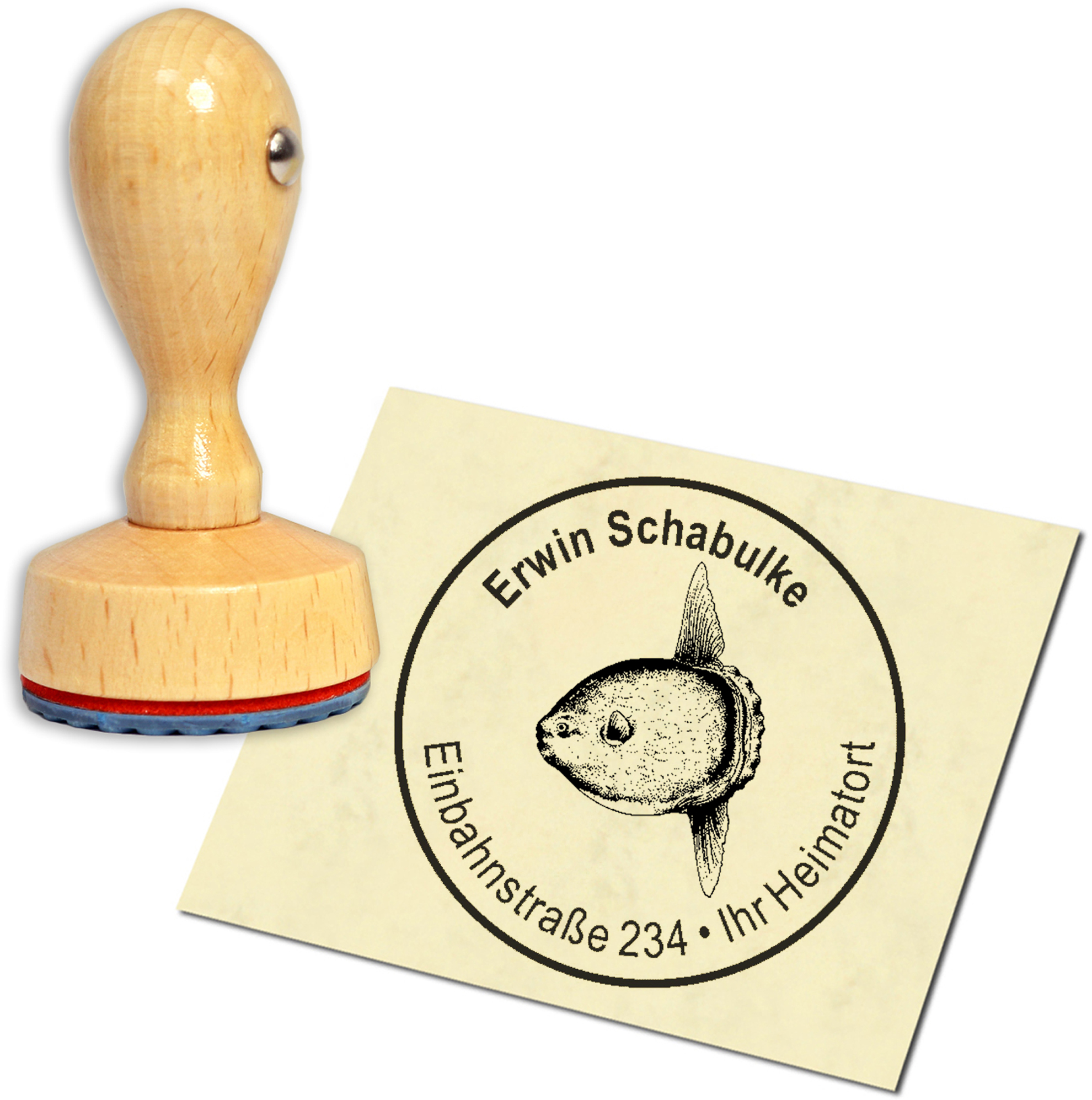 Stempel Adressstempel Holzstempel - Mondfisch - rund 40mm