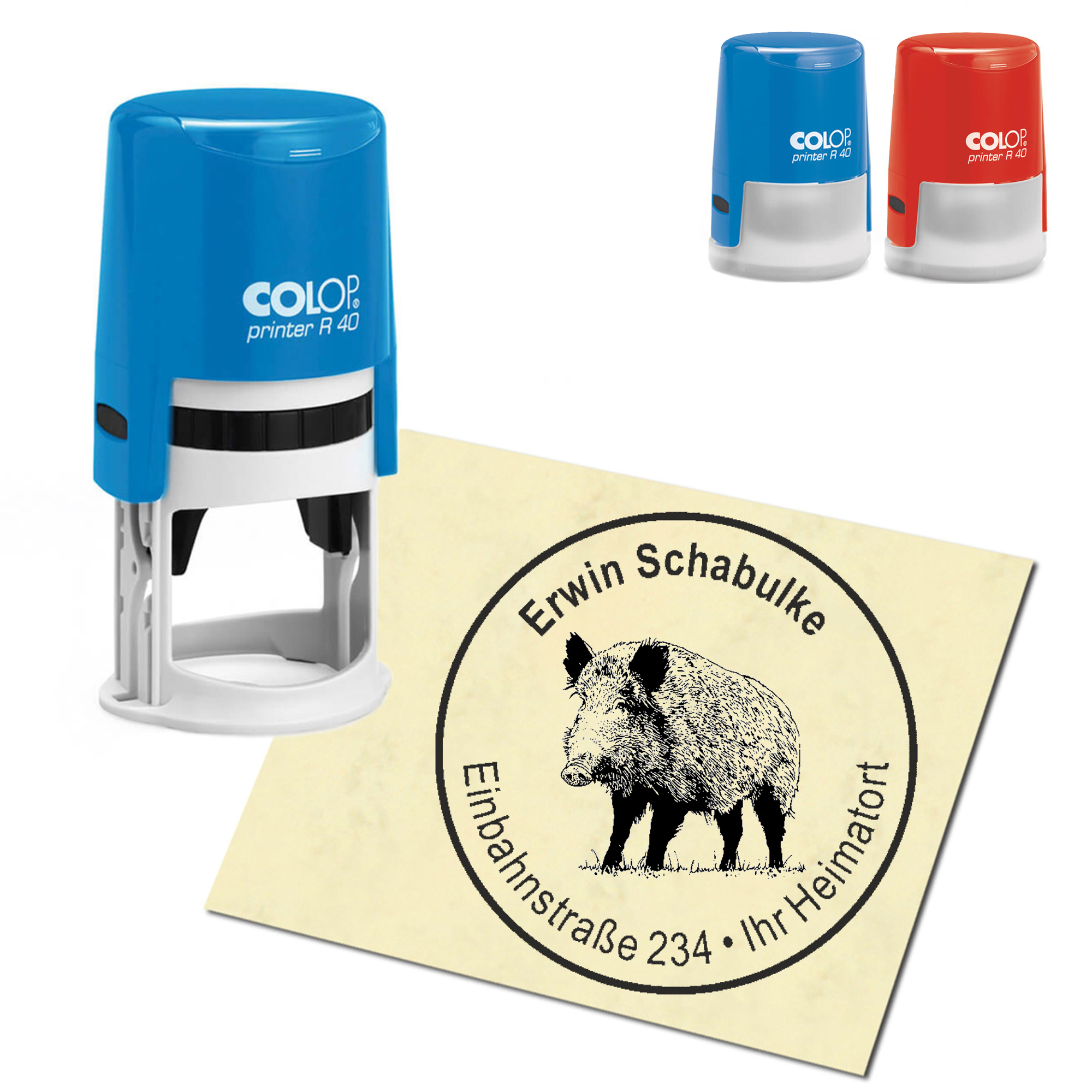 Stempel Adressstempel personalisiert - Keiler Wildschwein - rund &empty; 40mm