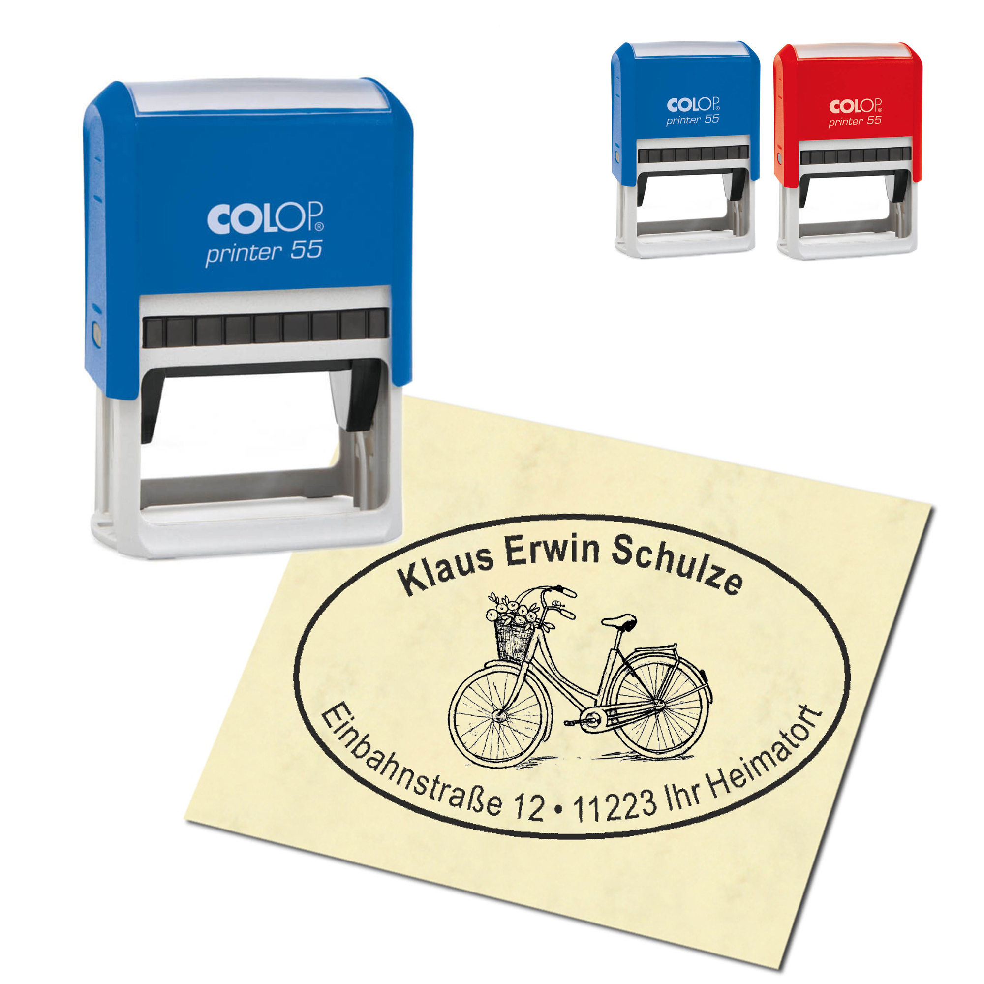 Adressstempel personalisiert Stempel - Fahrrad mit Korb - oval 59 x 39 mm
