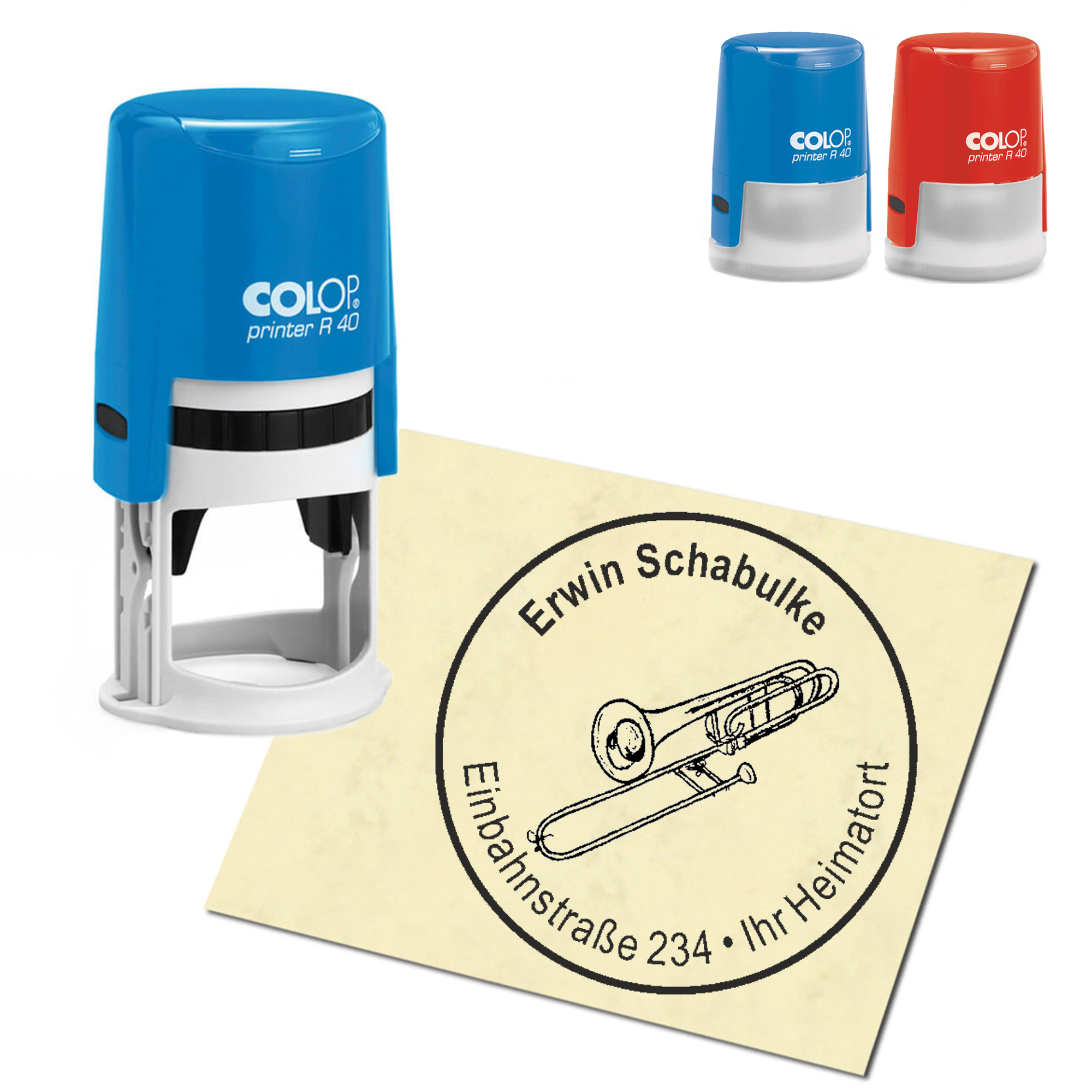 Stempel Adressstempel personalisiert - Posaune - rund &empty; 40mm