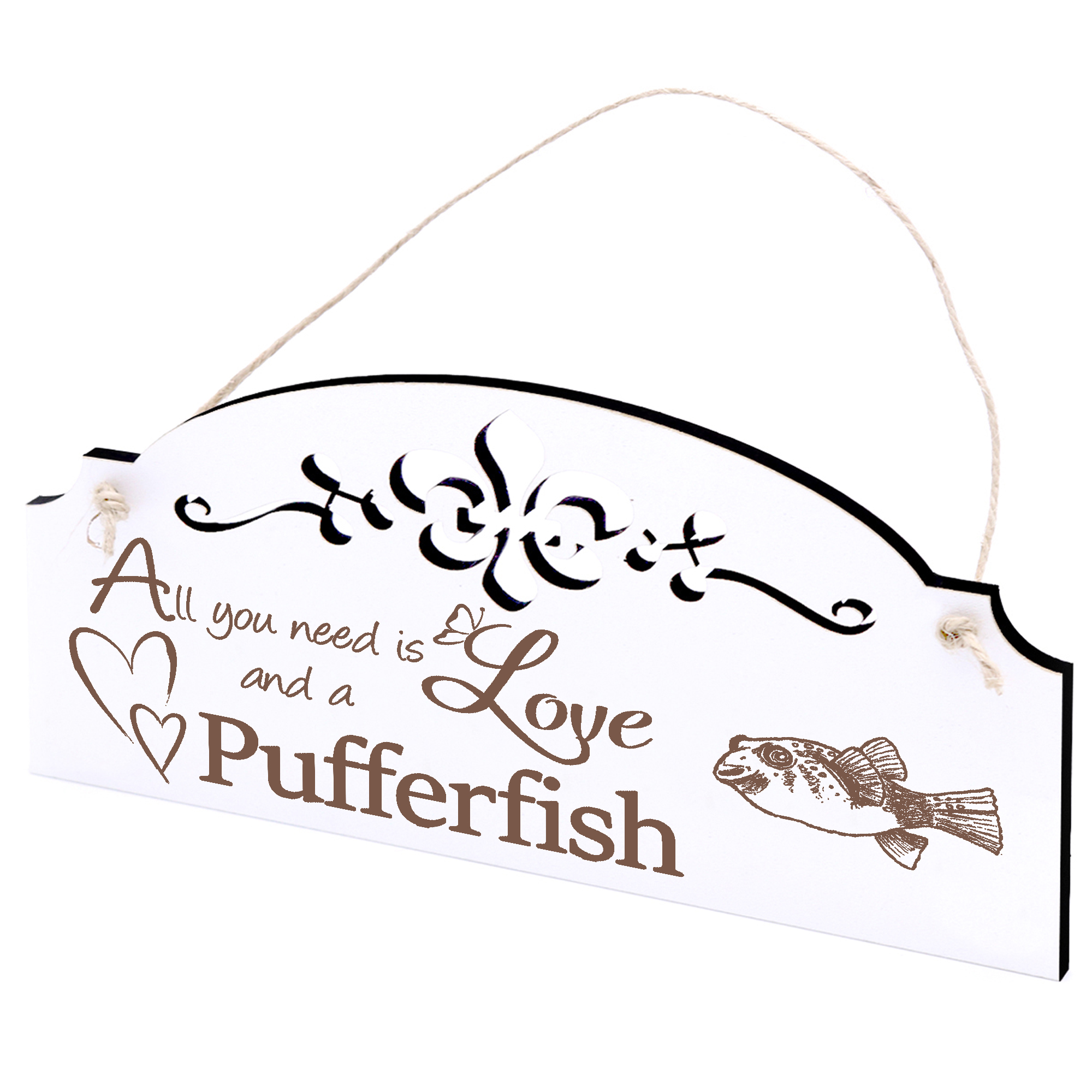 Schild Kugelfisch Deko 20x10cm - All you need is Love and a Pufferfish - Holz