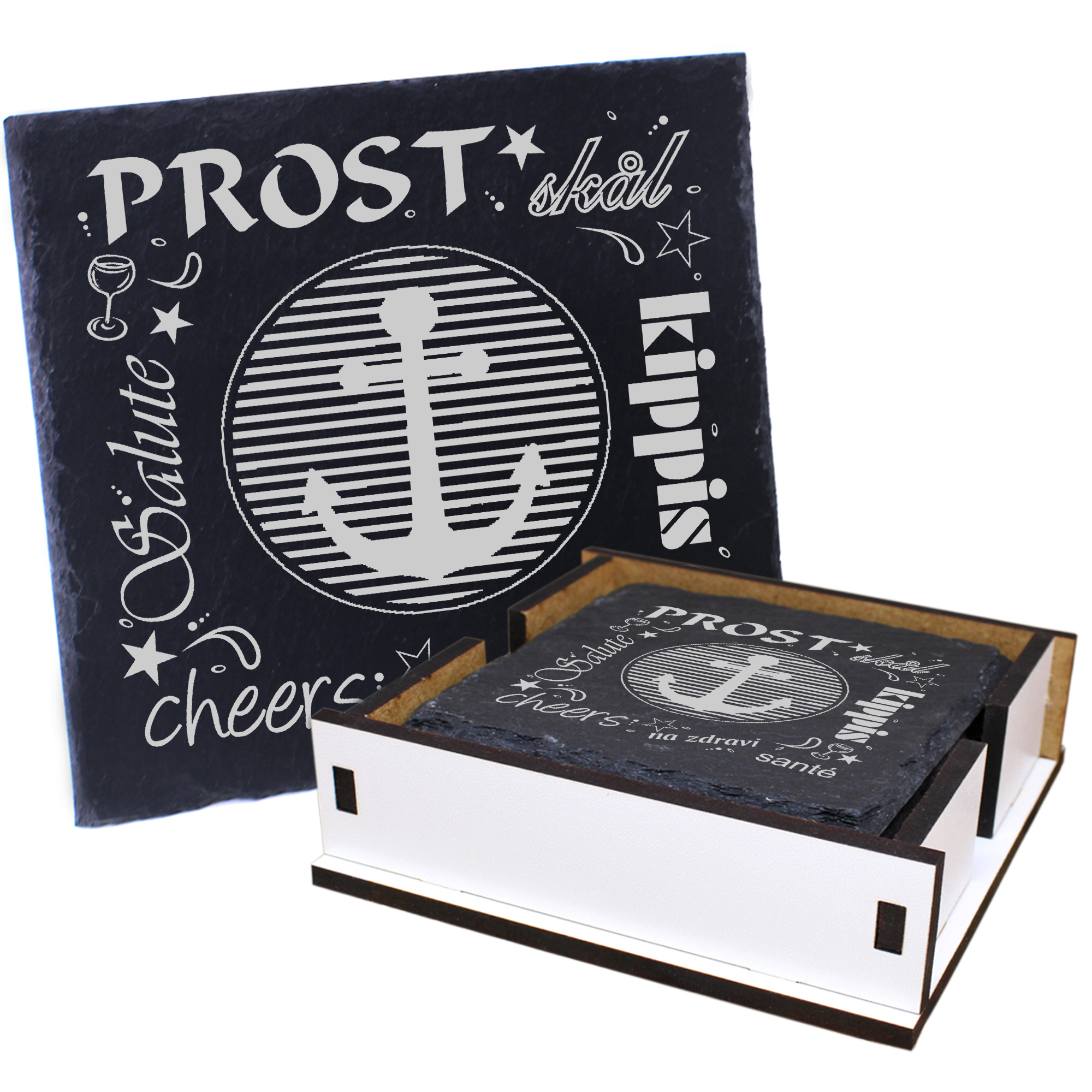 5 x Schiefer Untersetzer - Prost Anker auf Patch - inkl. Holzbox & Flaschenuntersetzer