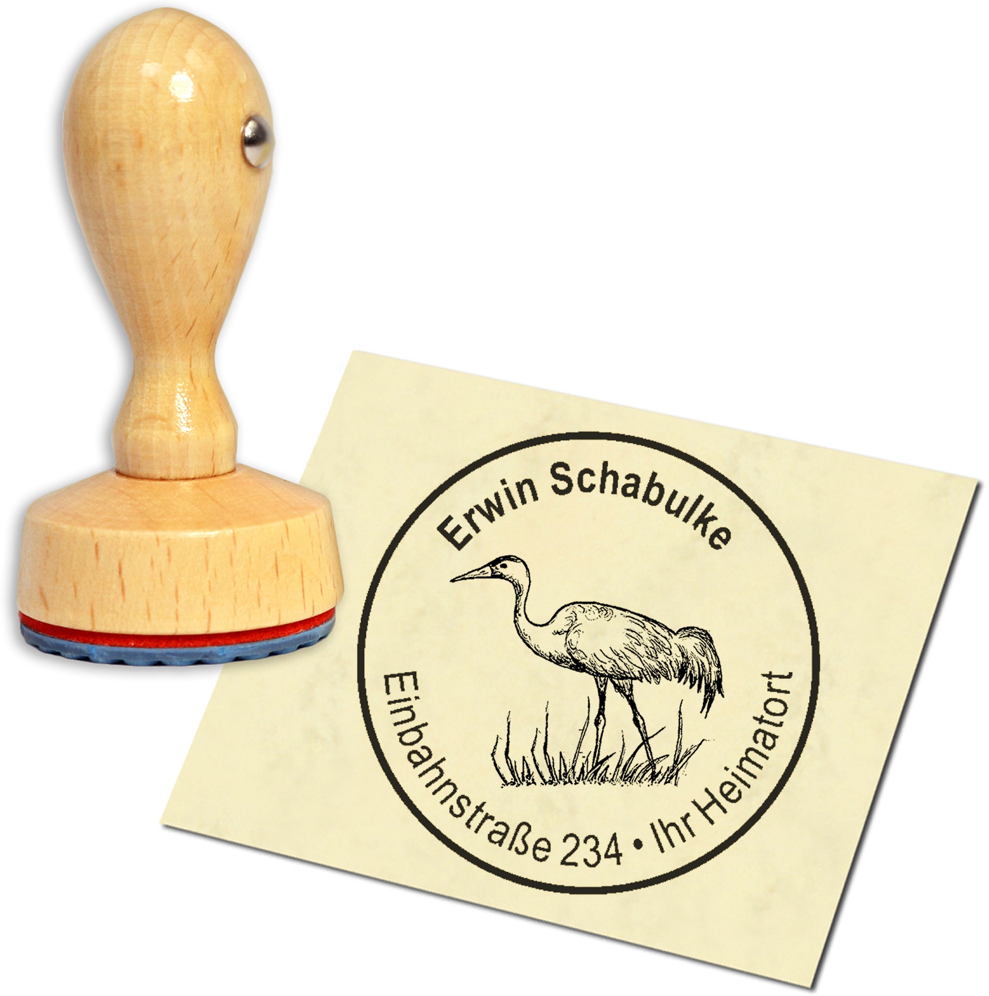 Stempel Adressstempel Holzstempel - Kranich auf Wiese - rund 40mm