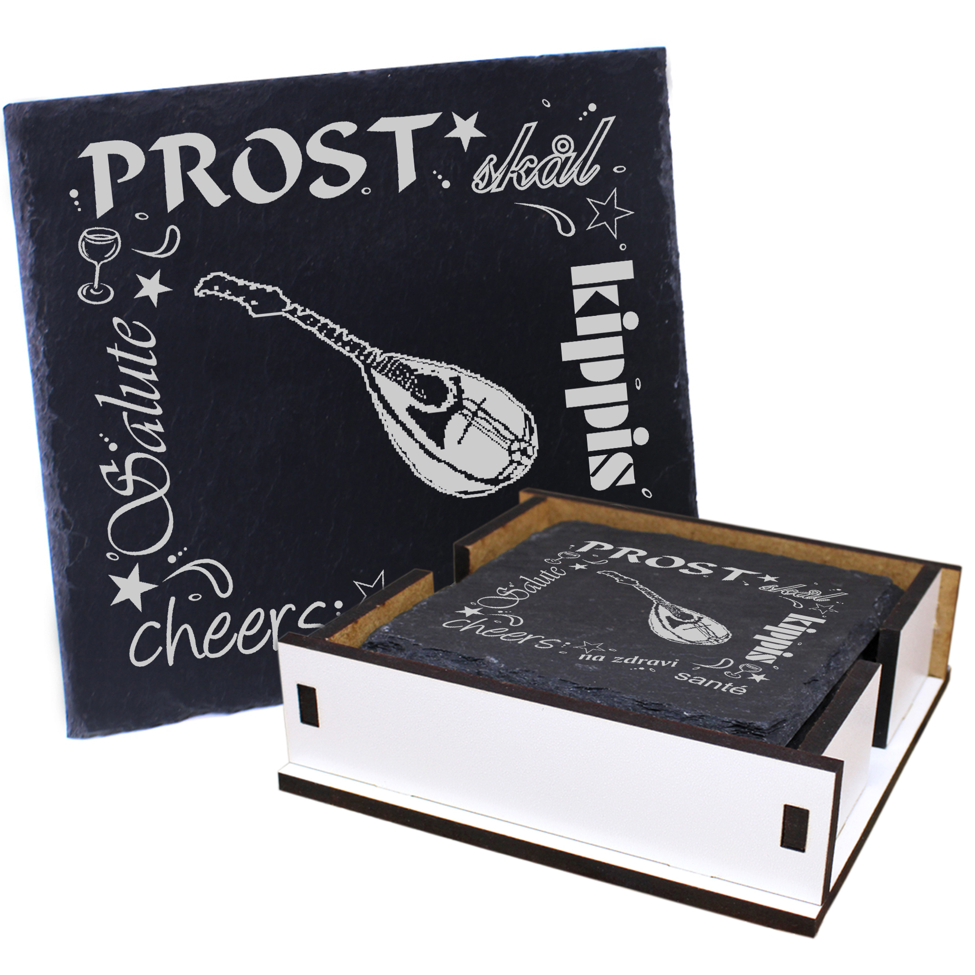 5 x Schiefer Untersetzer - Prost Mandoline - inkl. Holzbox & Flaschenuntersetzer