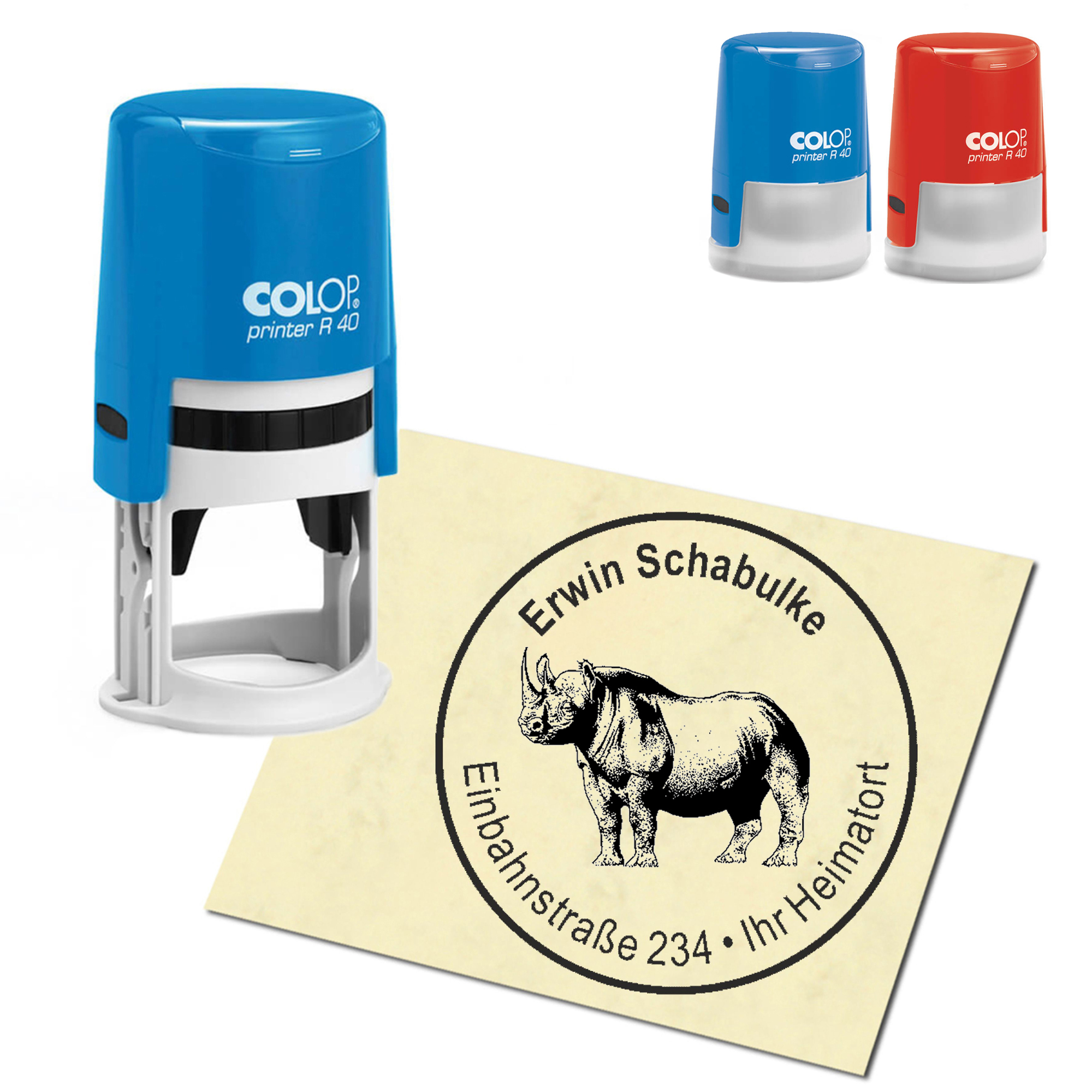 Stempel Adressstempel personalisiert - Nashorn - rund &empty; 40mm