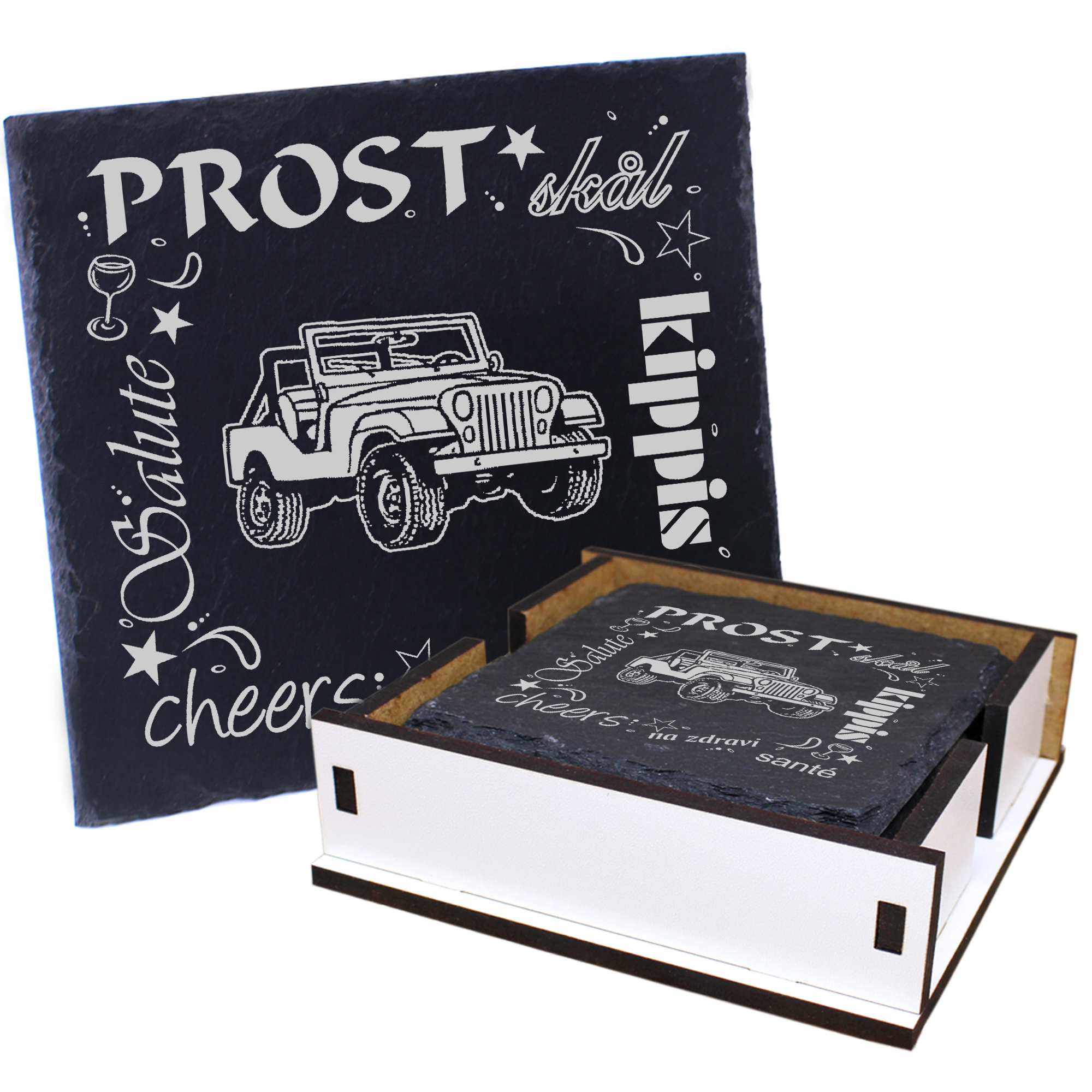 5 x Schiefer Untersetzer - Prost Geländewagen - inkl. Holzbox & Flaschenuntersetzer